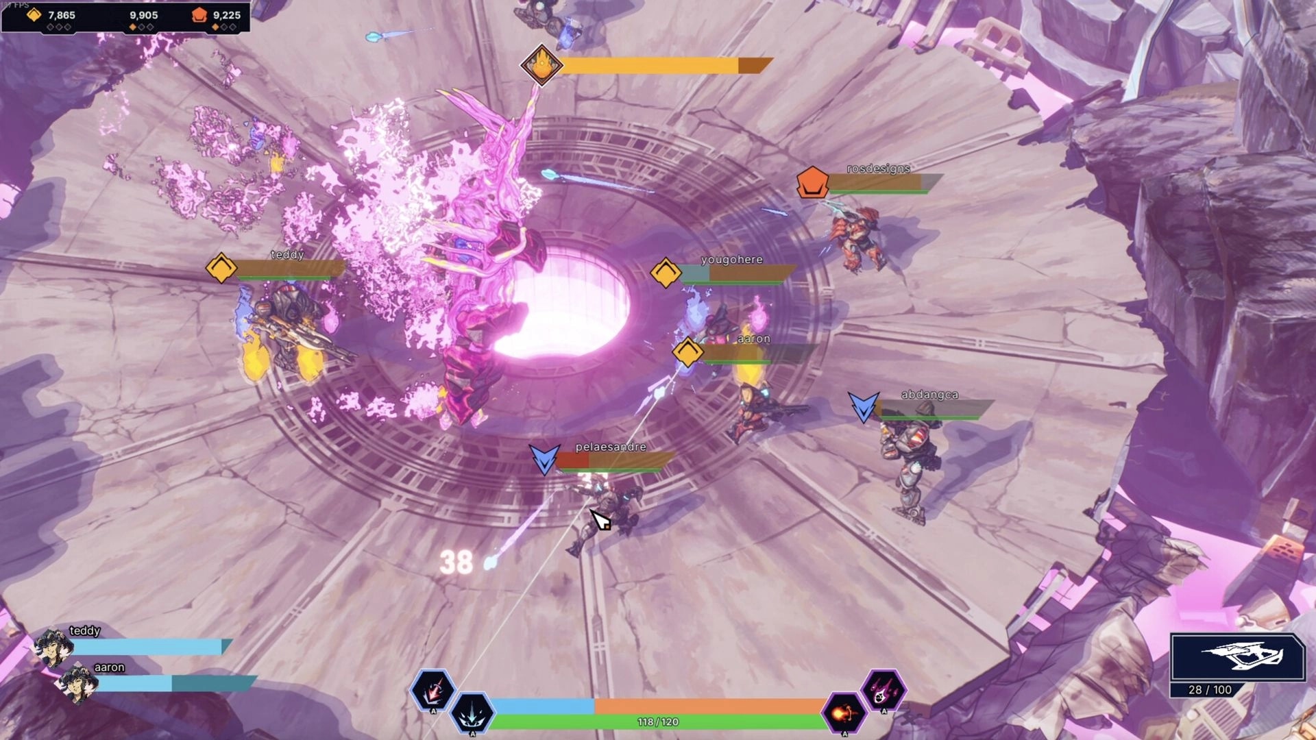 Kaidro: Players battle a glowing creature in a rocky arena with health bars and abilities displayed.