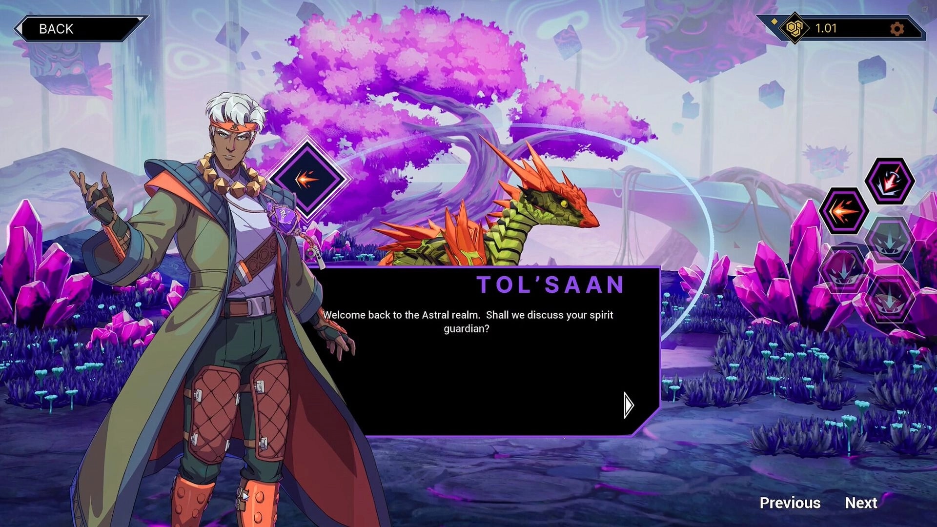Kaidro: Tol’saan dialogue in vibrant astral realm with spirit guardian and UI elements visible