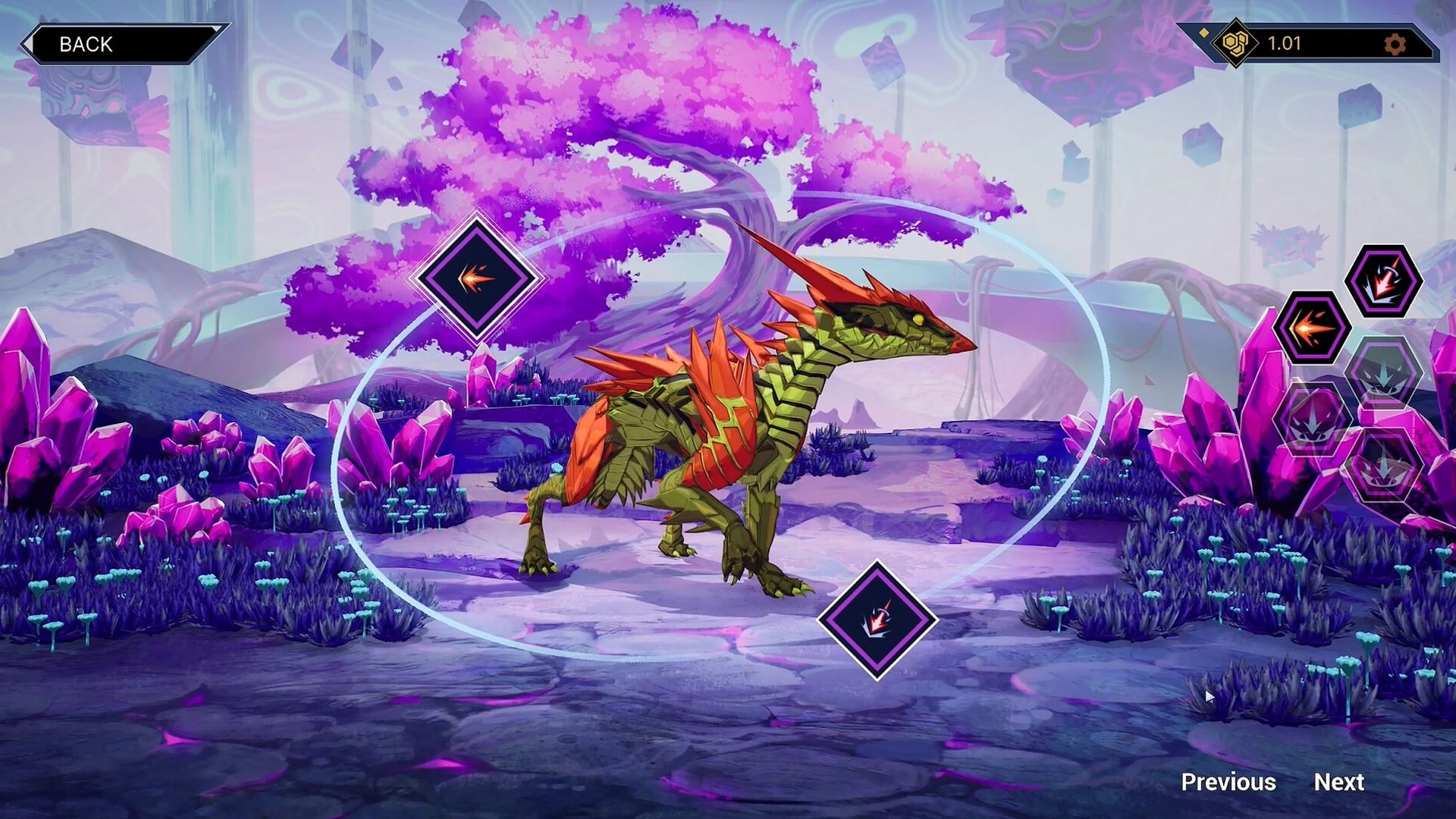 Kaidro: A dragon-like creature in a vibrant crystal forest with skill icons and navigation buttons visible