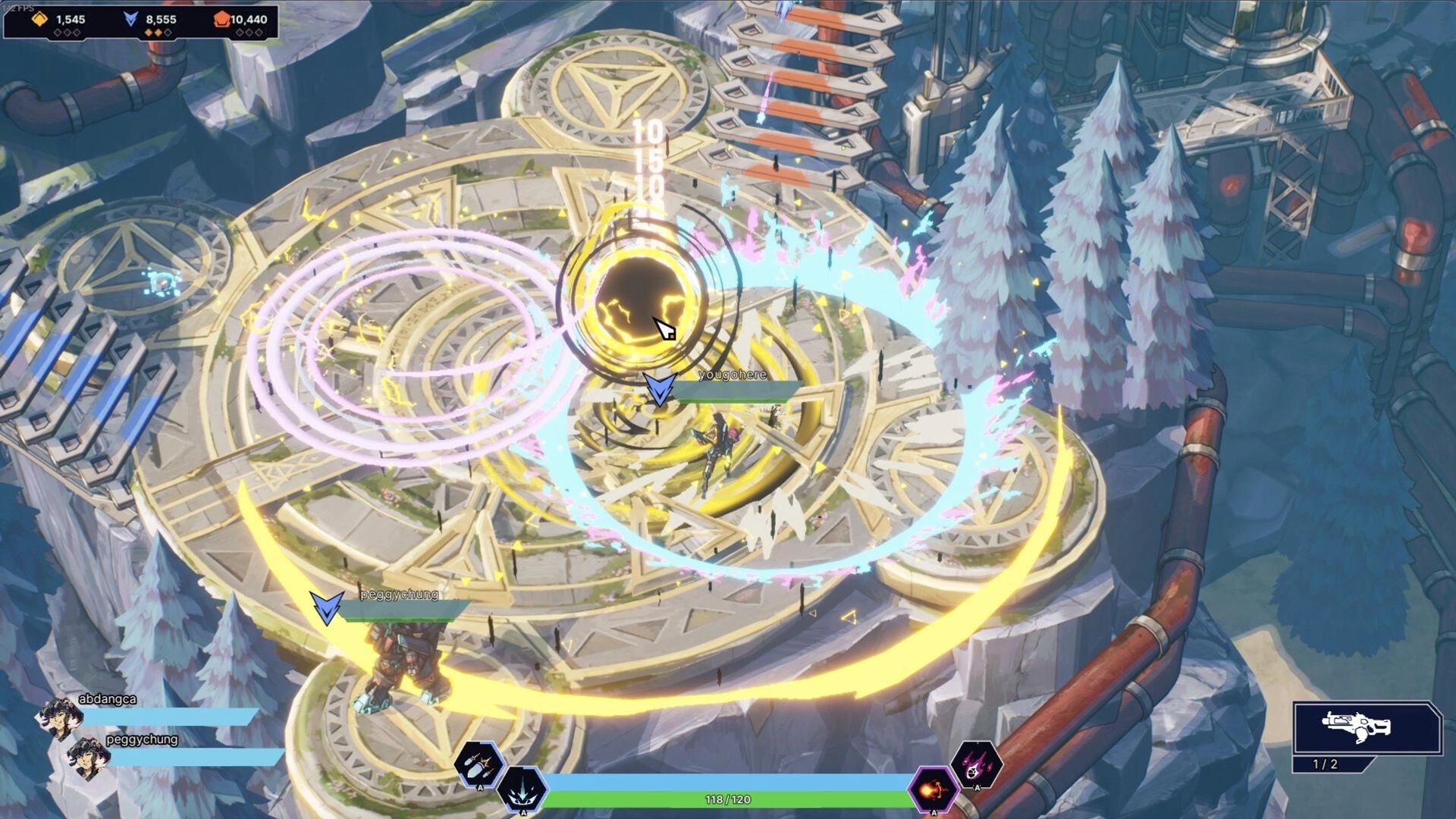 Kaidro: Characters battling on a circular platform with energy effects and health bars in snowy landscape.
