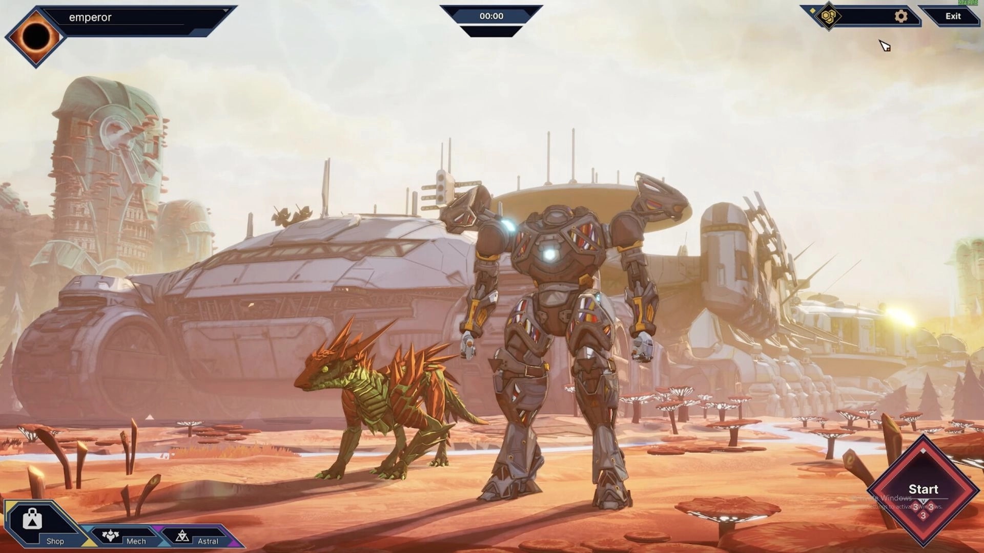 Kaidro: Mech and creature stand in alien desert landscape with futuristic buildings in the background
