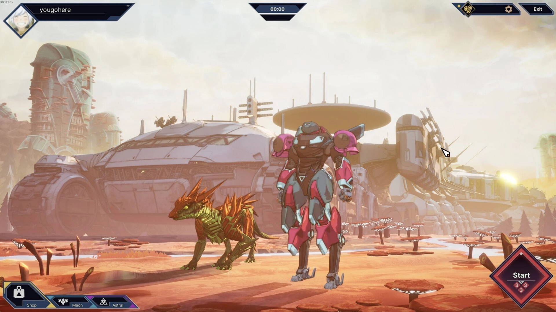 Kaidro: Mech and creature in futuristic desert landscape with buildings, start button, and menu icons.