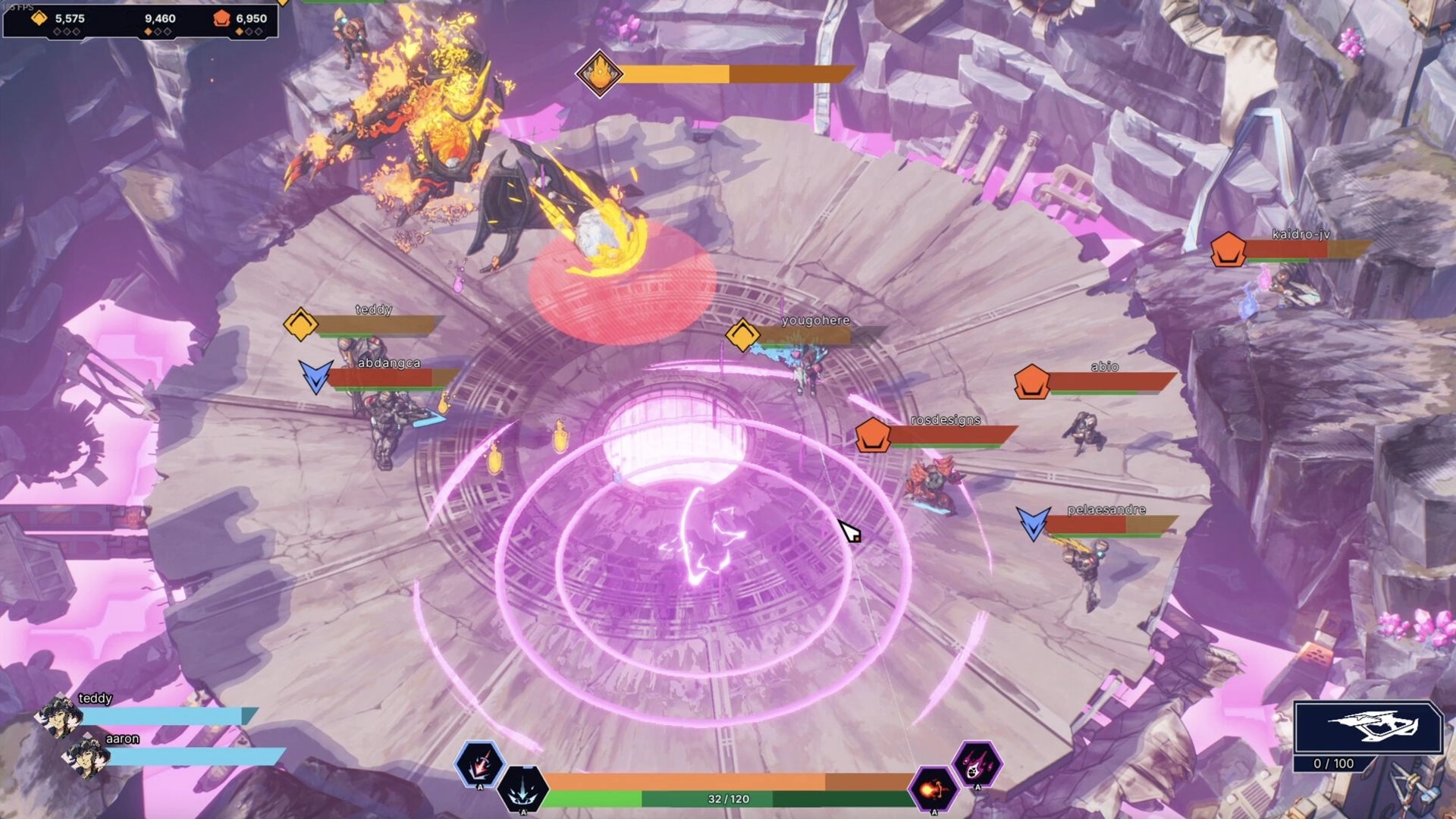 Kaidro: Intense multiplayer battle with characters and health bars in a rocky, circular arena setting