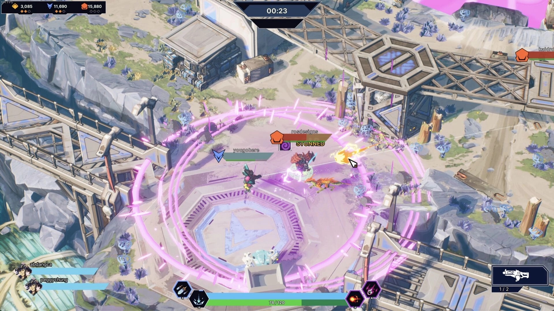 Kaidro: Players engage in combat within a glowing arena, UI shows health bars and skill icons.