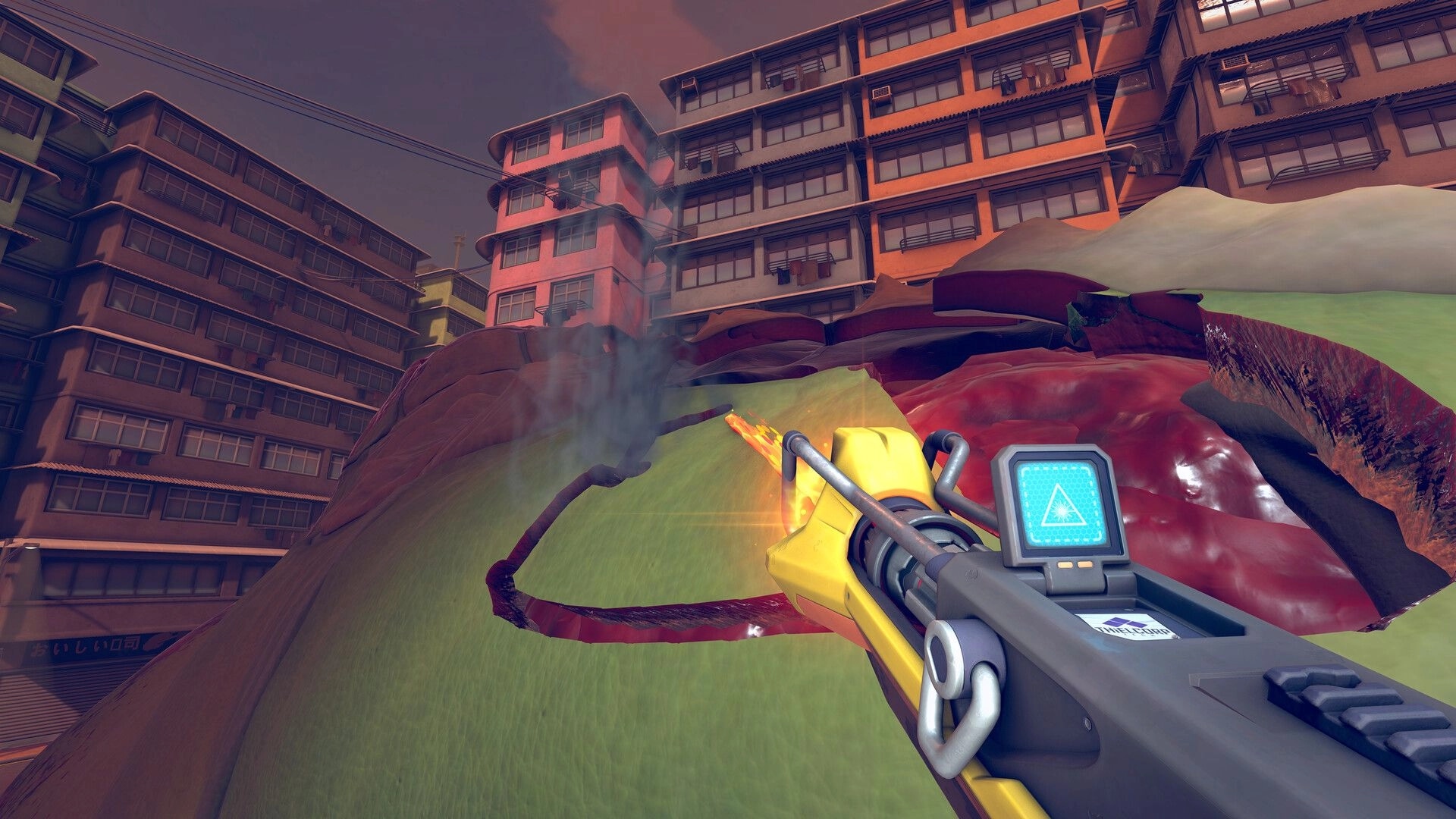 Kaiju Cleanup: First-person blowtorch cutting into a kaiju carcass beside tall apartment blocks at dusk.