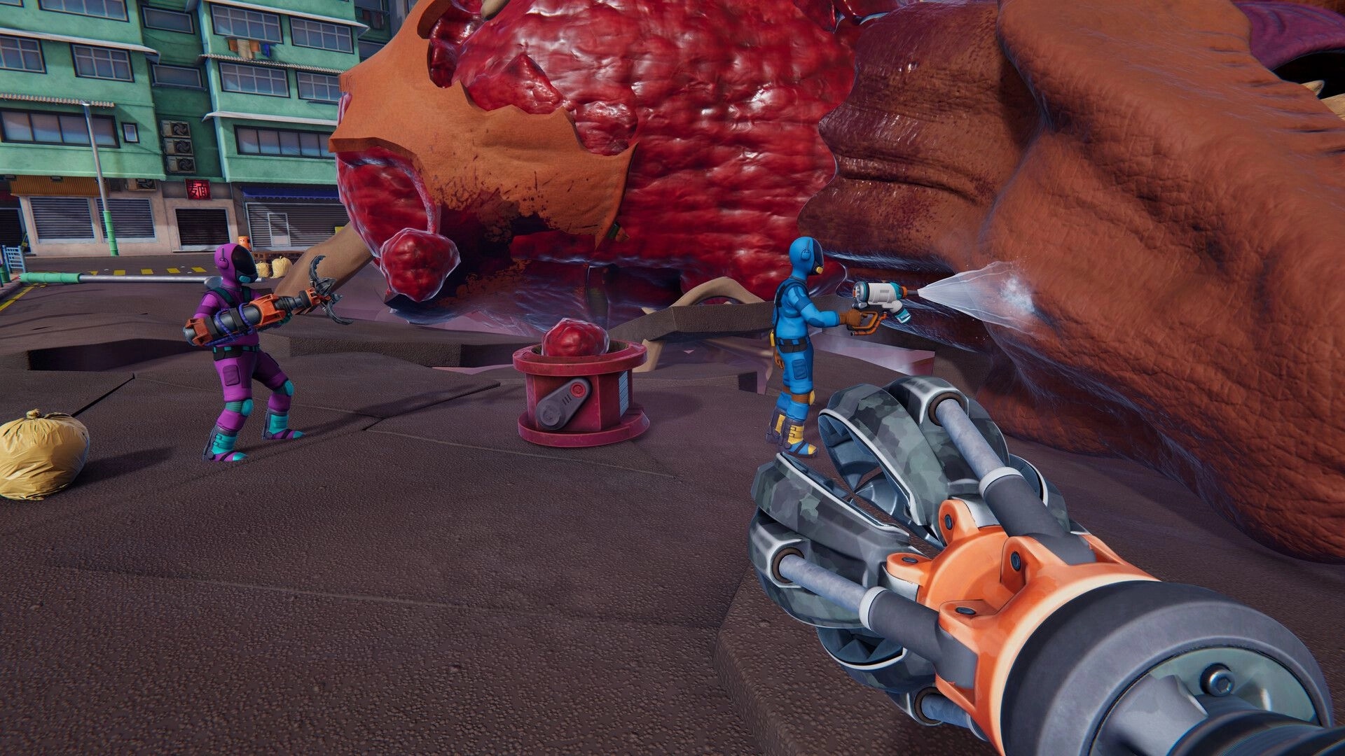Kaiju Cleanup: Two cleaners use a claw and hose on a kaiju corpse in a cracked city street scene.