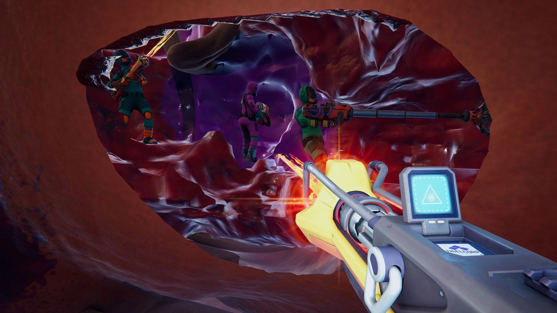 Kaiju Cleanup: Co-op workers cutting into a giant fleshy carcass tunnel with a glowing saw tool in view.