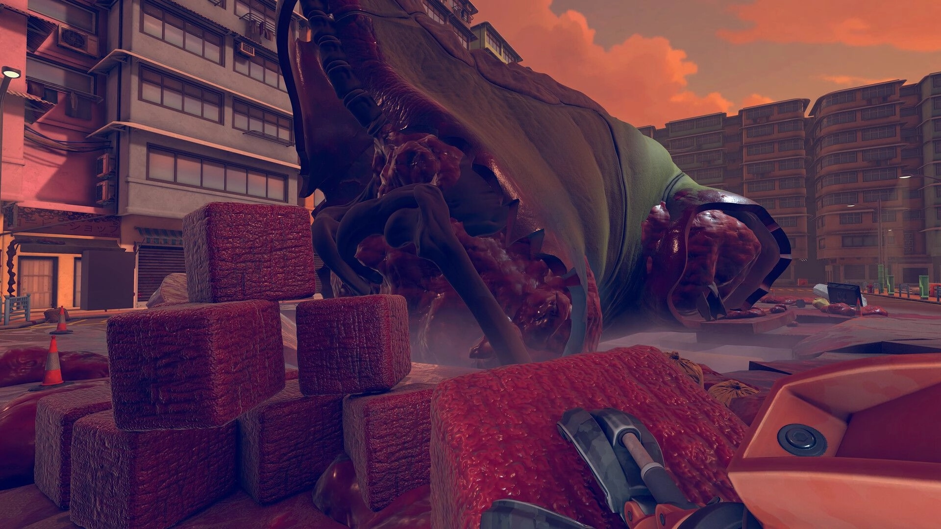 Kaiju Cleanup: Player faces huge kaiju carcass amid stacked meat blocks on a ruined city street.