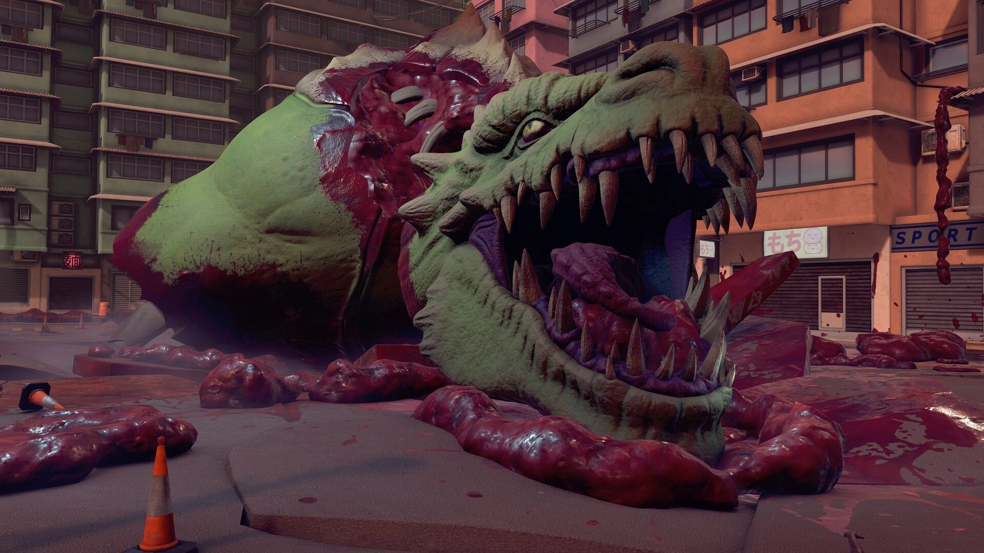 Kaiju Cleanup: Massive kaiju corpse with gaping jaws sprawled in a bloody city street by apartments.