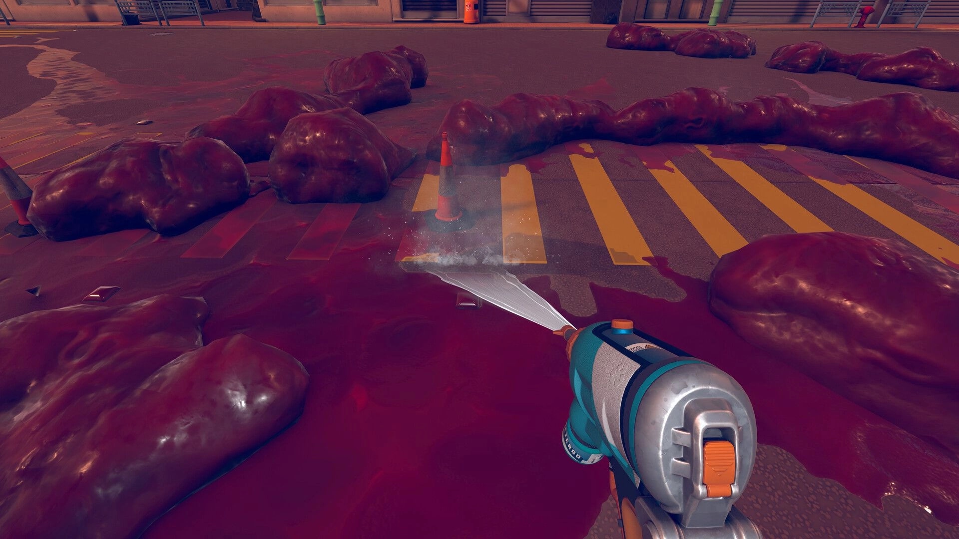 Kaiju Cleanup: Power-washing purple gore and flesh lumps off a city street crosswalk at night.