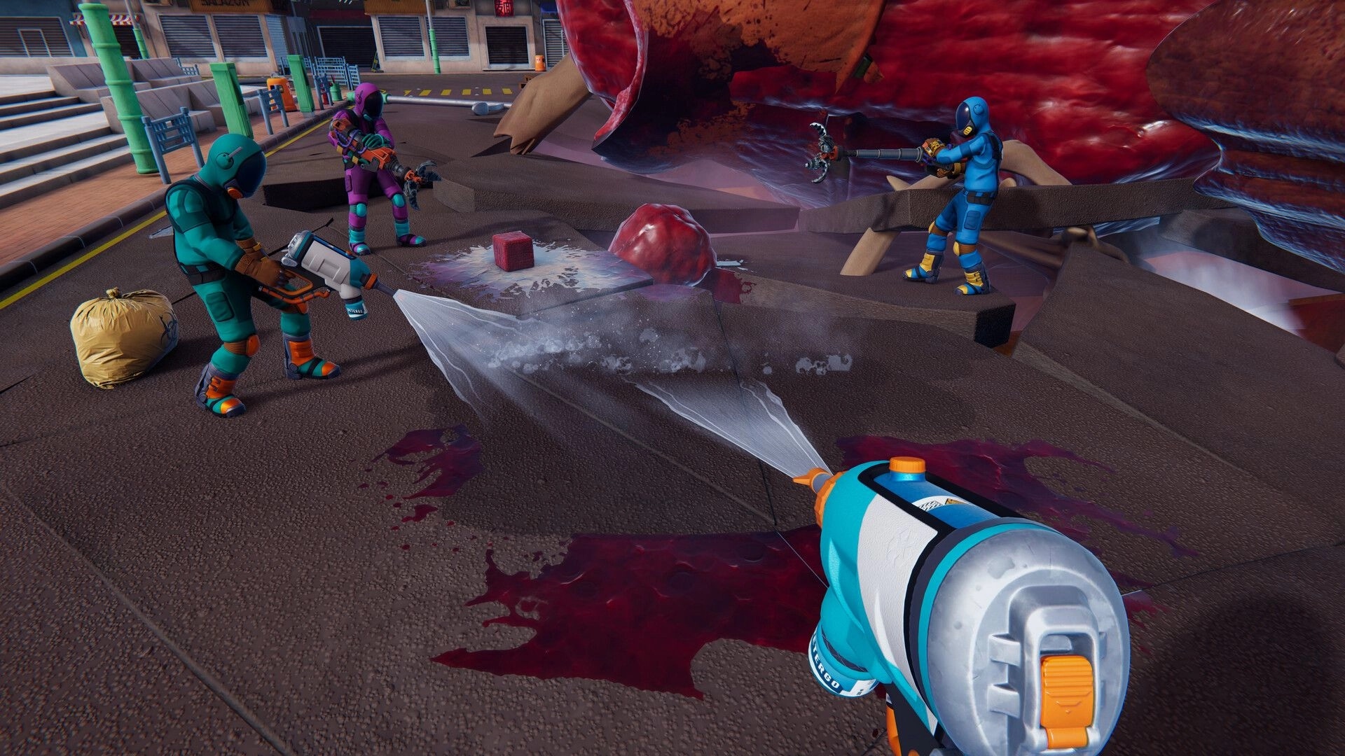 Kaiju Cleanup: Three cleaners hose gore and debris beside a giant kaiju corpse on a city street.