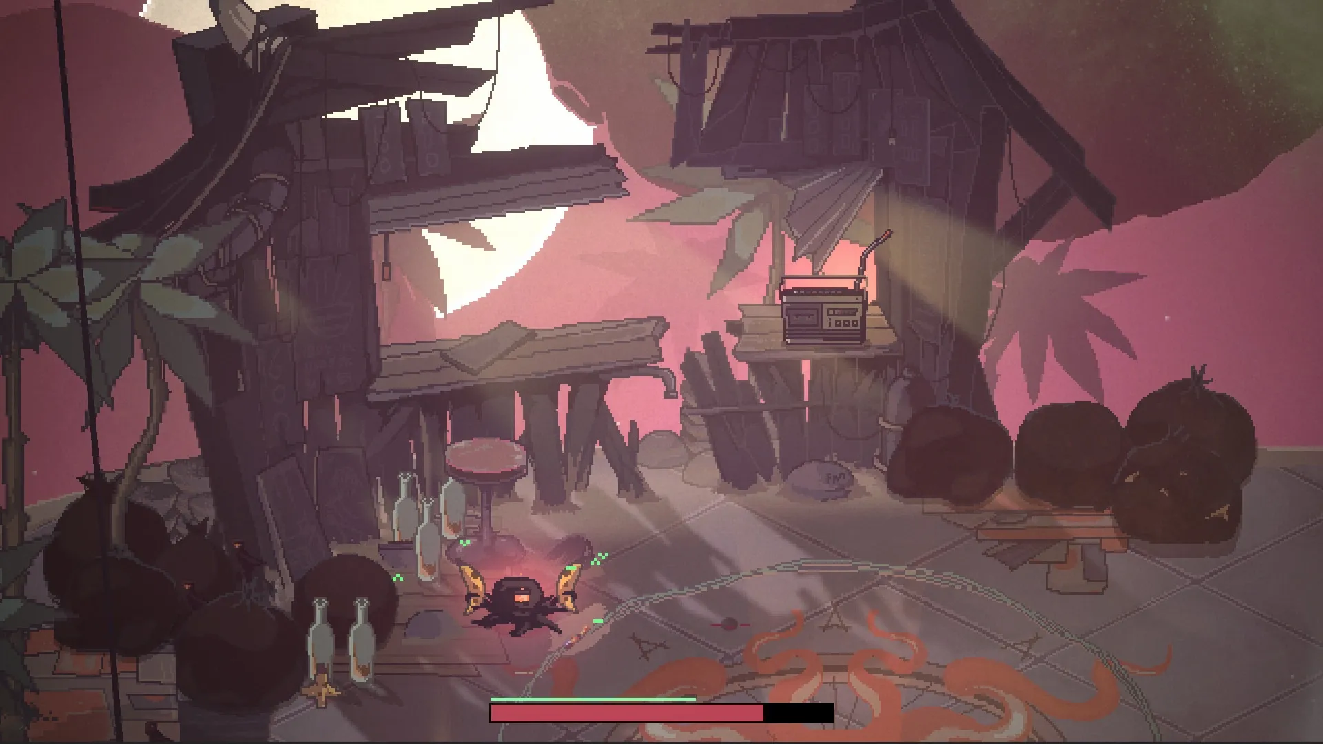 Kaisa: Small creature explores decrepit shack with radio under moonlight, health bar partially visible.