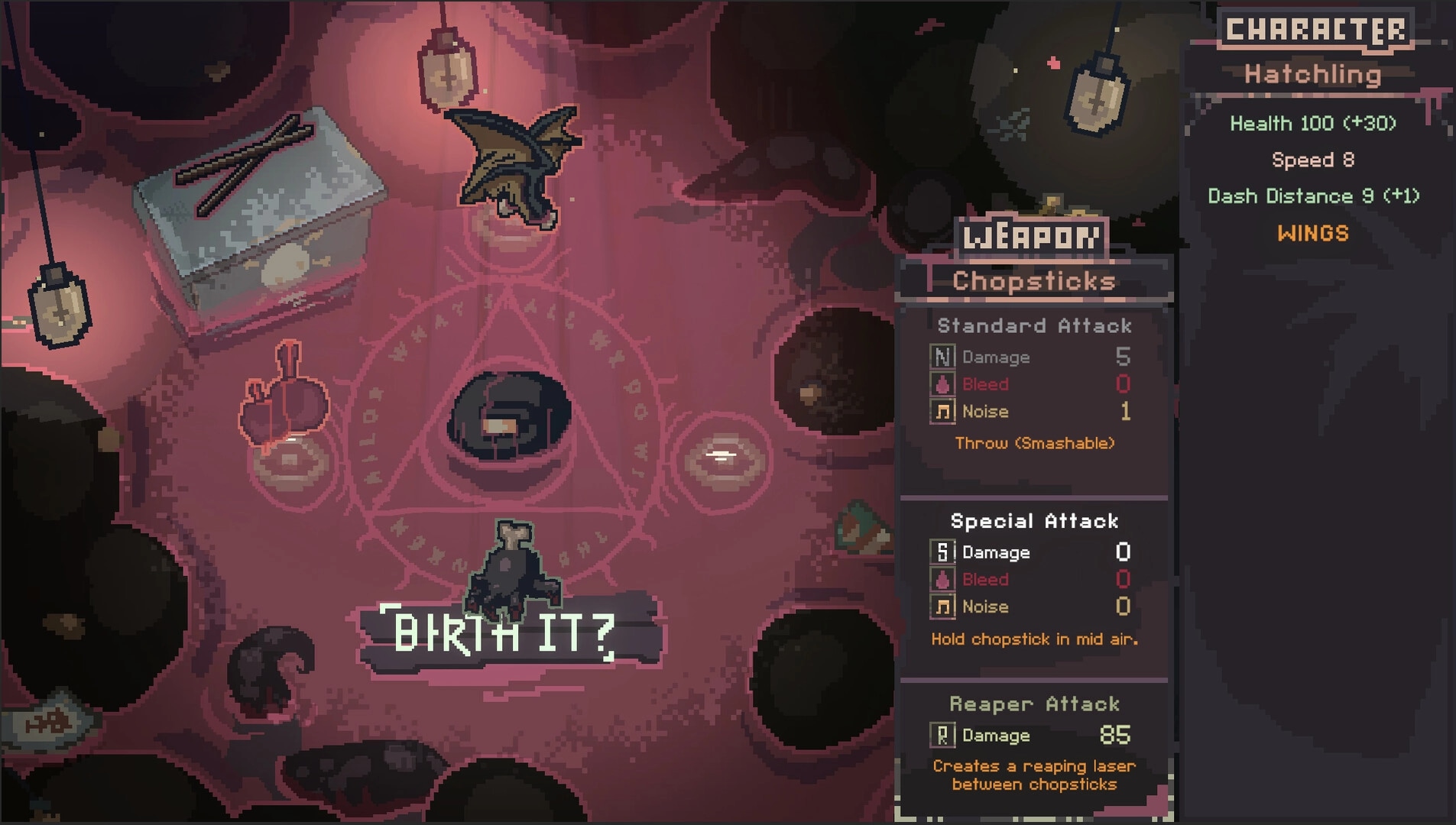 Kaisa: Character menu with Hatchling stats and chopsticks weapon in ritualistic chamber setting