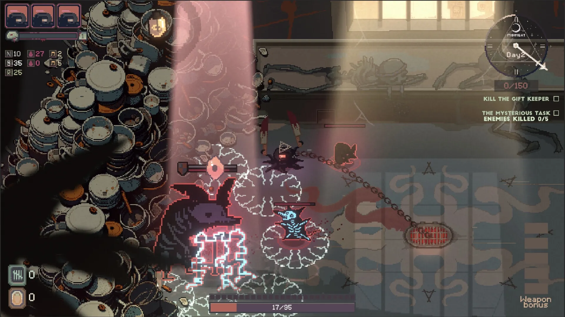 Kaisa: Character fighting shadow creatures in dimly lit room with piles of pots and pans in background