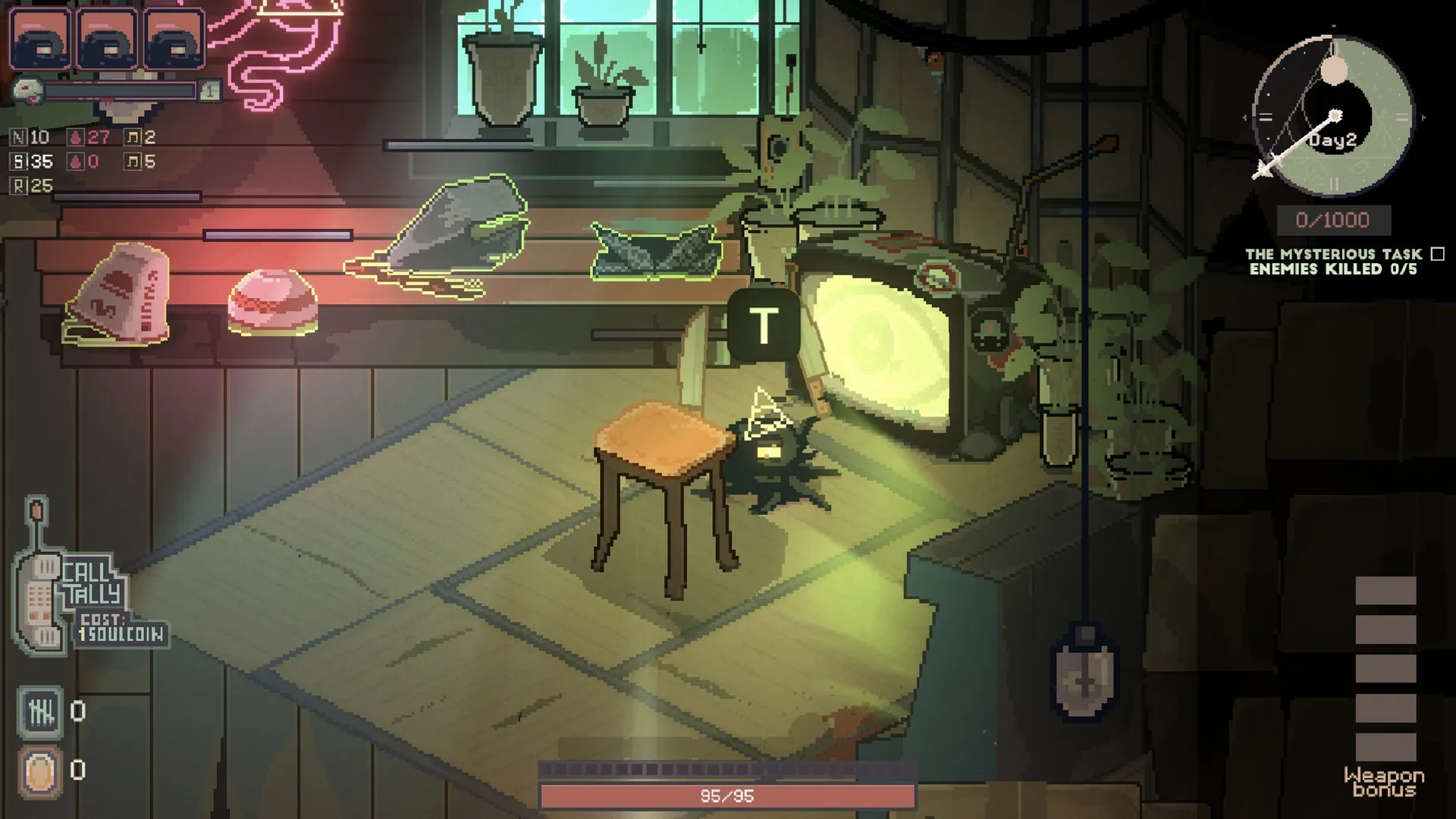 Kaisa: Creature in dimly lit room with neon sign, inventory items, and task list on the screen.