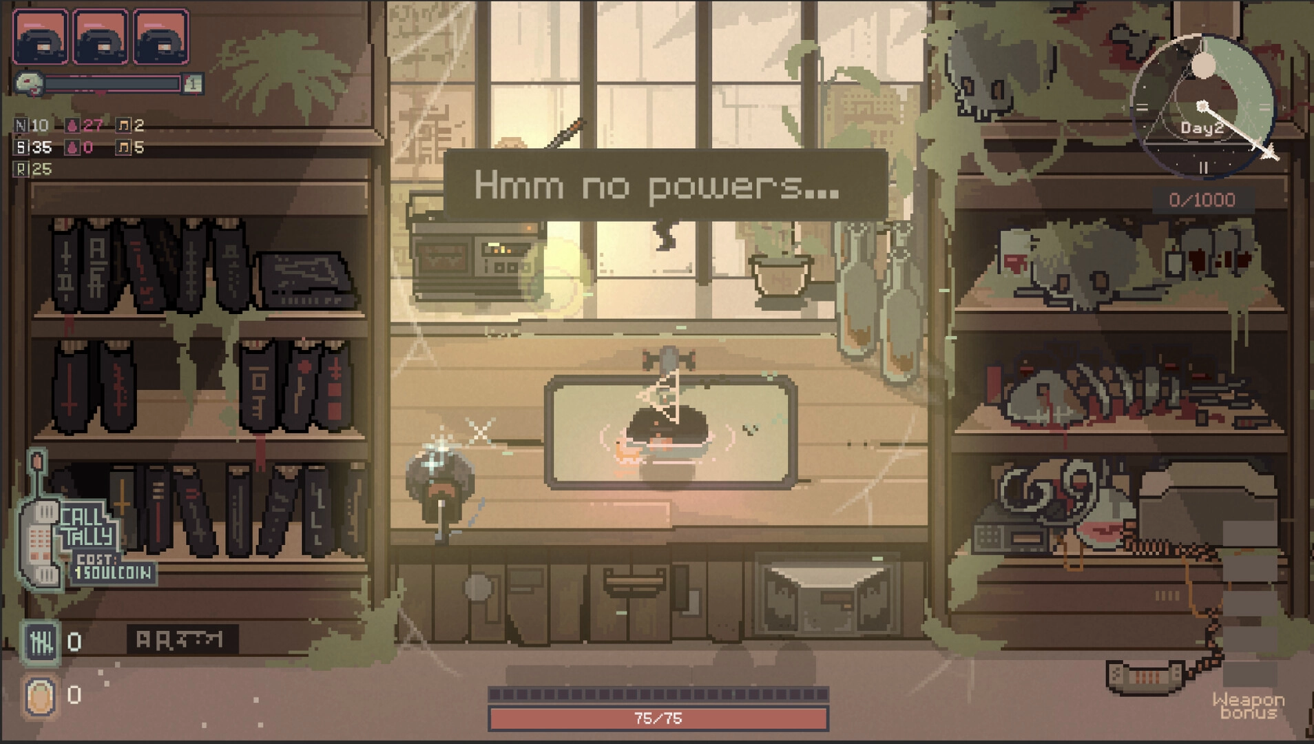 Kaisa: Character standing in a cluttered workshop, pondering lack of powers, with various tools around.