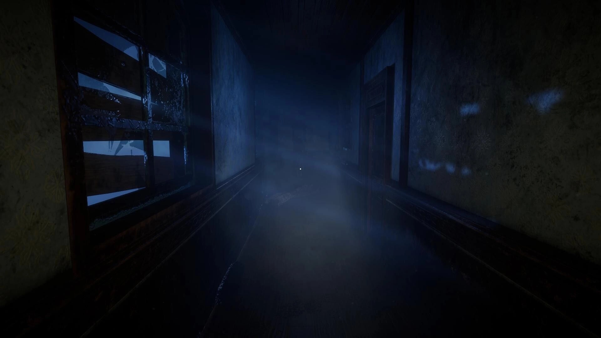 KAL: Dimly lit hallway with boarded-up window and misty atmosphere in an abandoned Creole house.