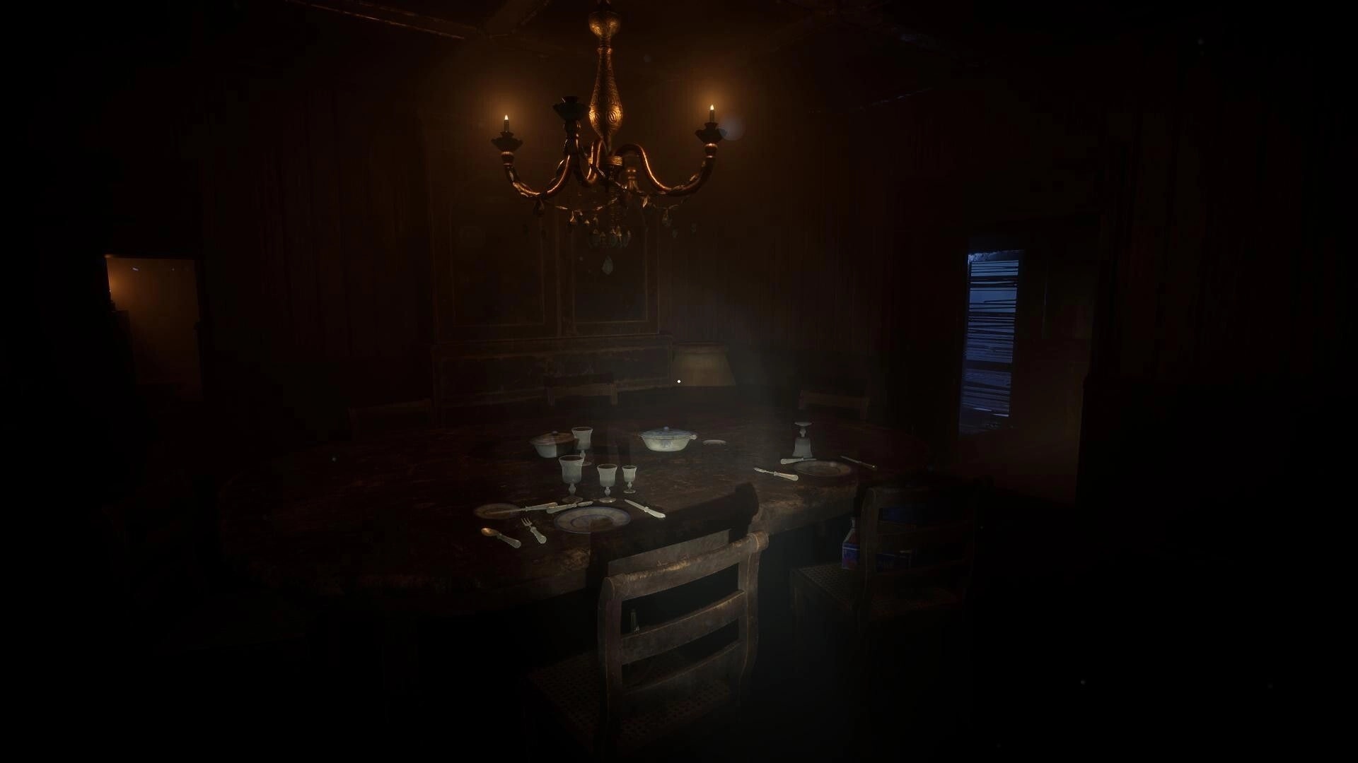 KAL: Dimly lit dining room with a round table, set for dinner, under an ornate chandelier