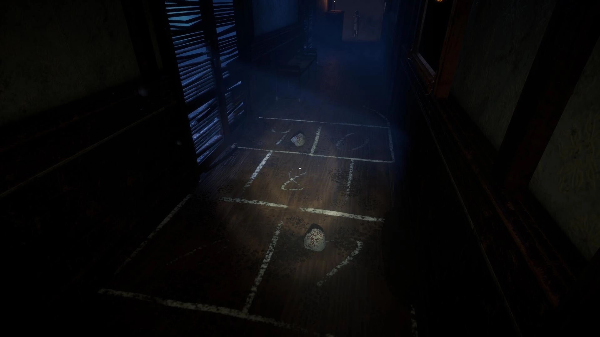 KAL: Dimly lit hallway with chalk hopscotch grid and scattered stones in an abandoned Creole house.