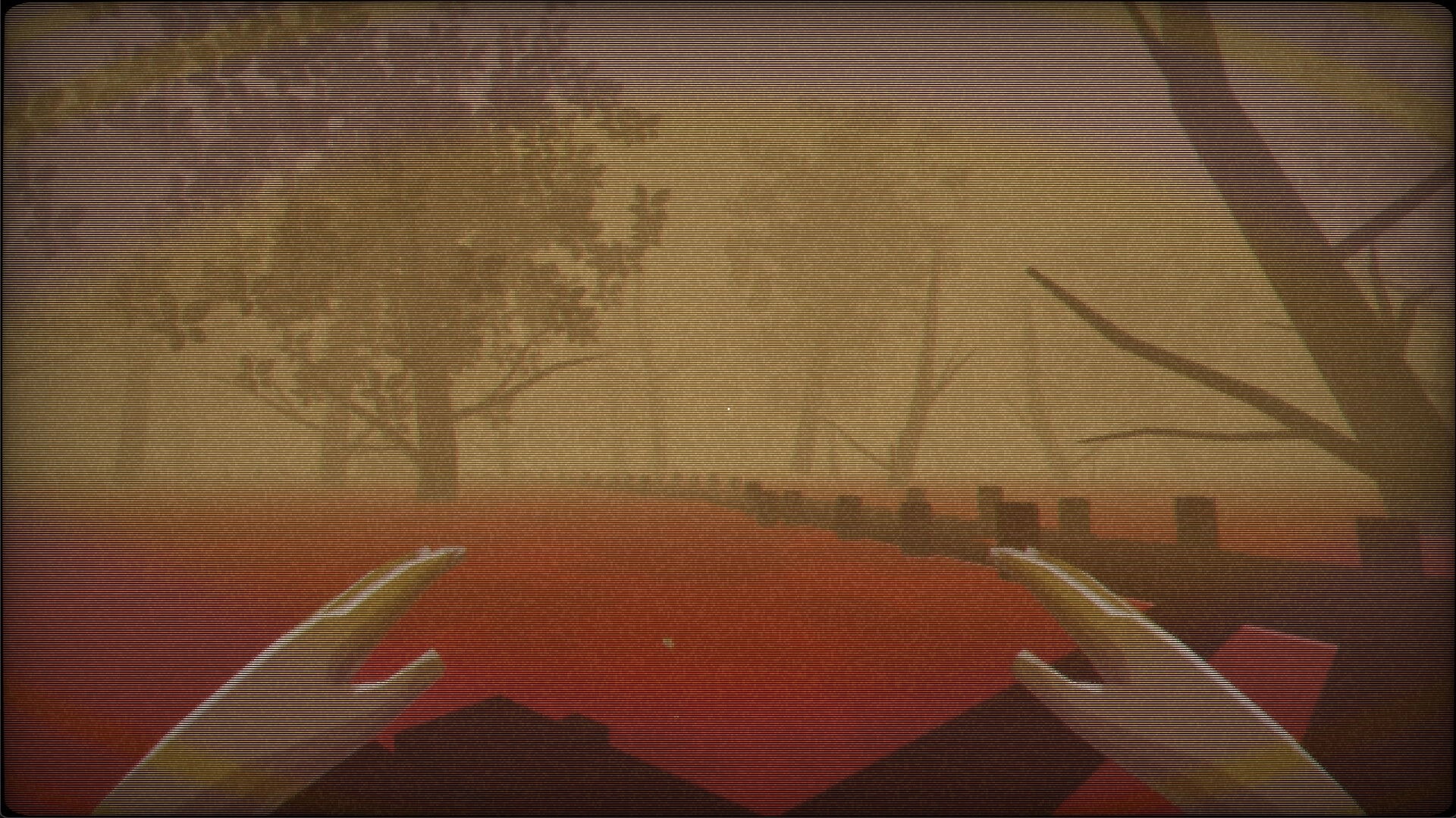 KALA: First-person view with hands above red water facing foggy trees and wooden posts ahead.