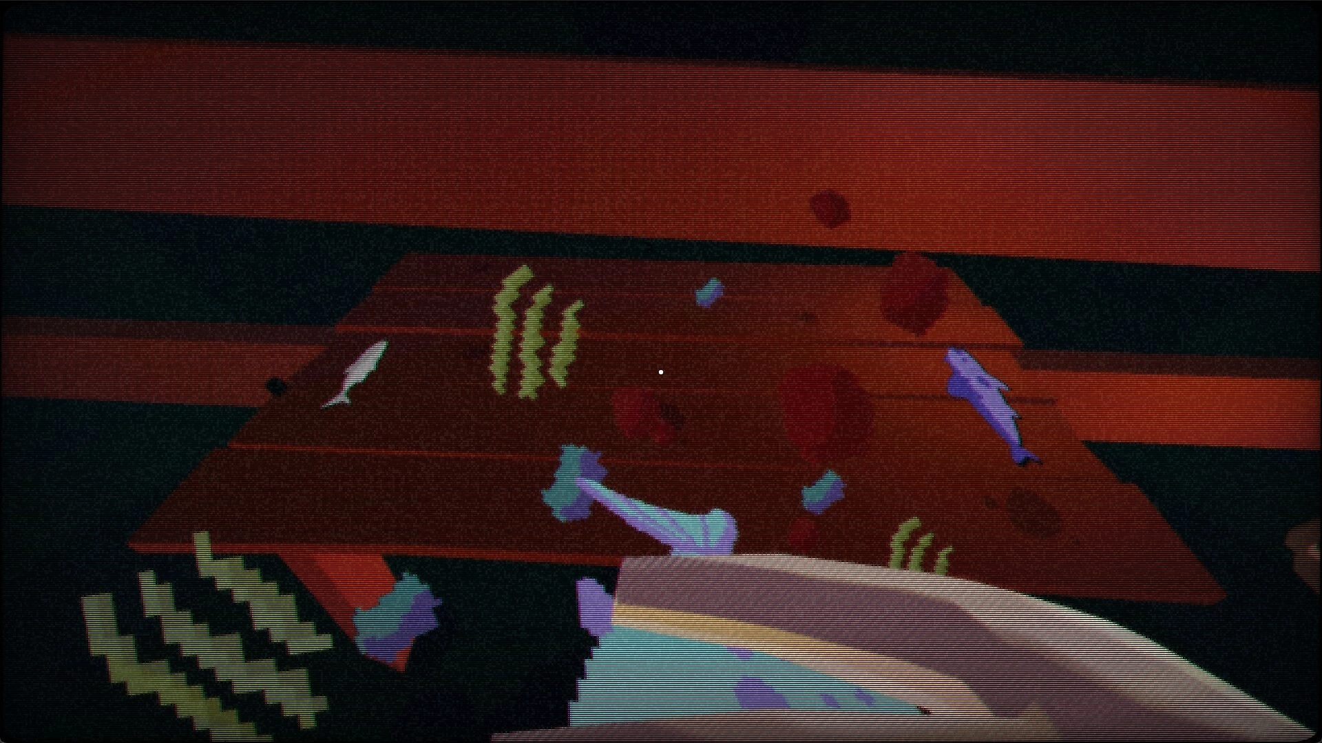 KALA: First-person view of fish and seaweed on a wooden table, crosshair centered in dim cabin.
