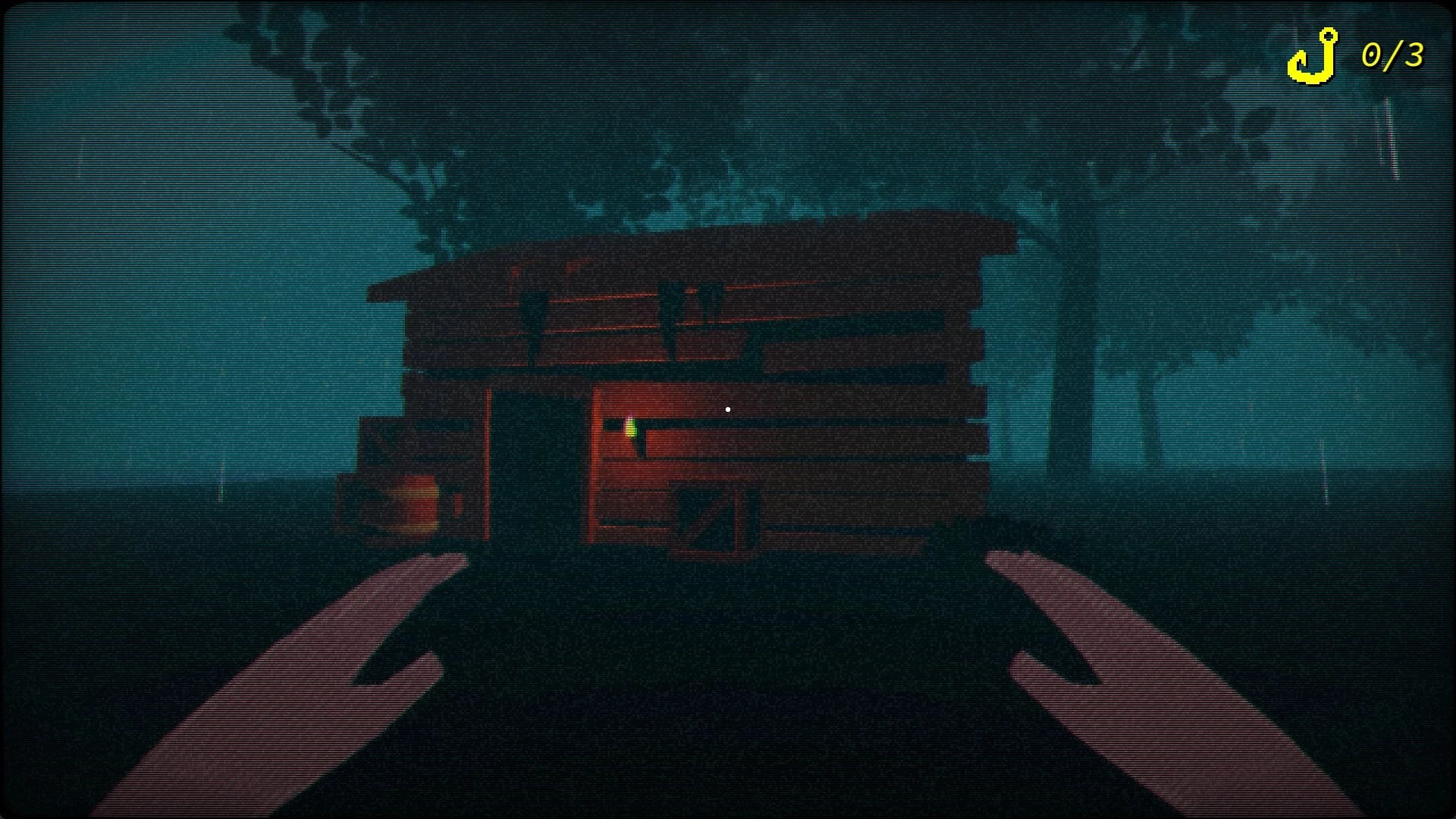 KALA: First-person view approaching a wooden shack in foggy rain, hook counter 0/3 on HUD.