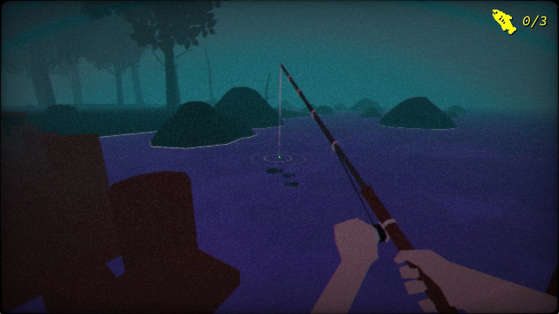 KALA: First-person fishing with rod and bobber on misty lake, fish counter 0/3 in corner.