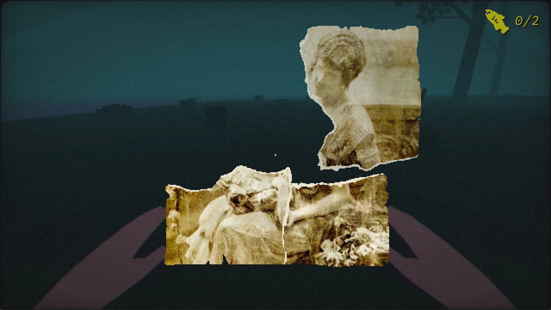 KALA: Floating torn photo fragments over a foggy sea, with fish counter icon reading 0/2 HUD.