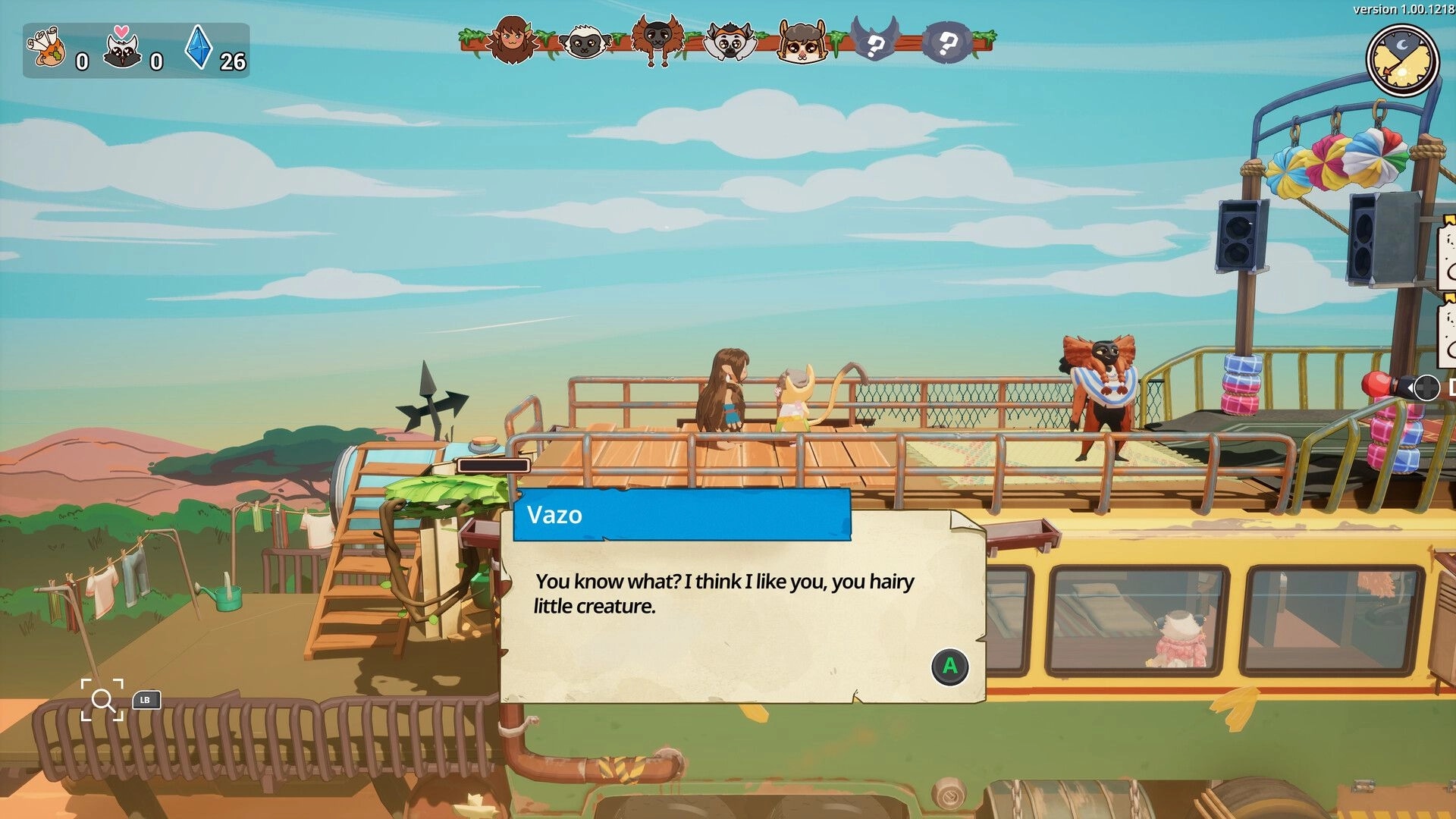 Kalanoro: Dialogue with Vazo on a bus rooftop stage, lemur band icons and minimap UI visible.