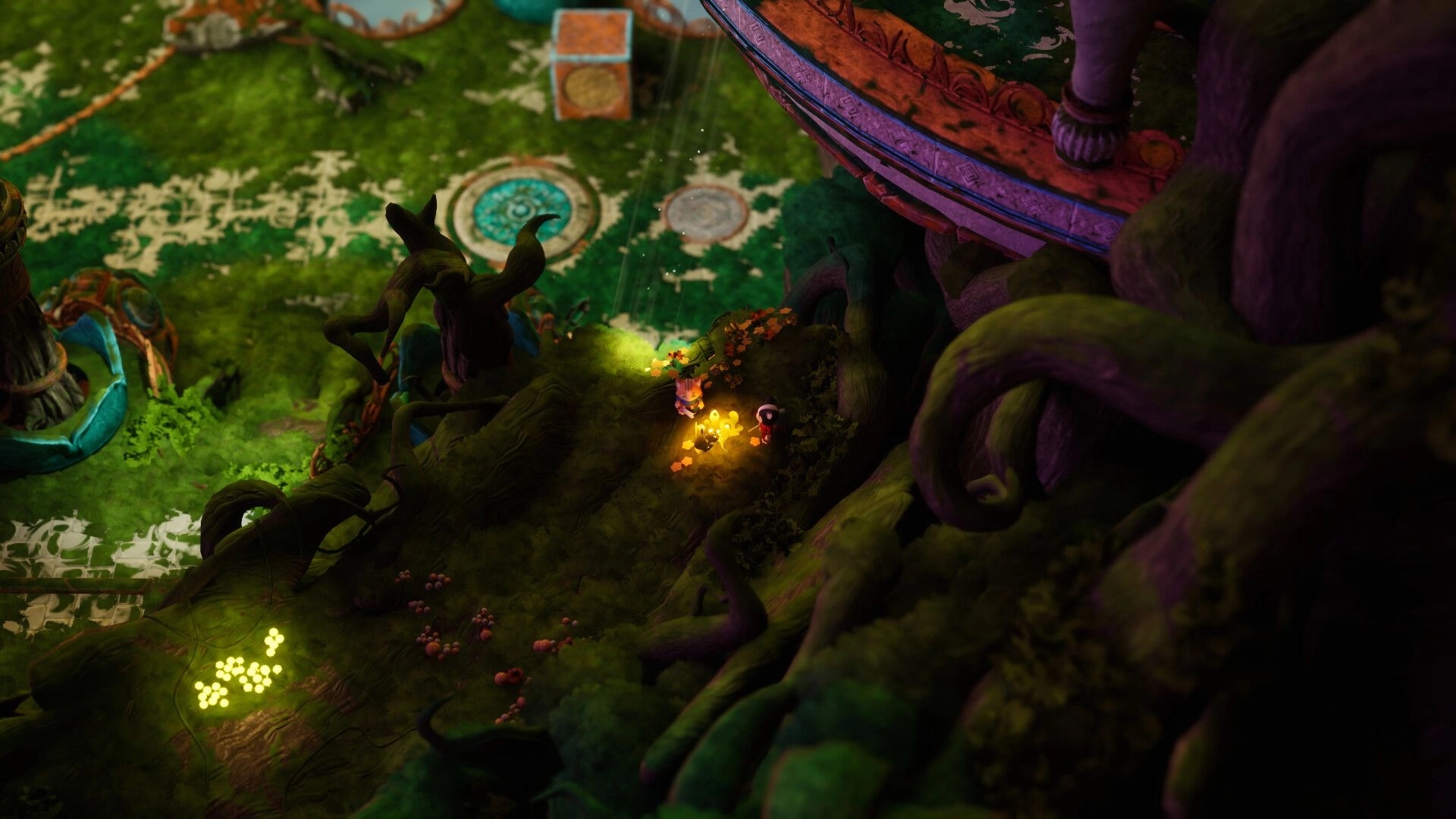 Kali and Ko: Two explorers by a glowing campfire amid giant roots near a circular stone platform.