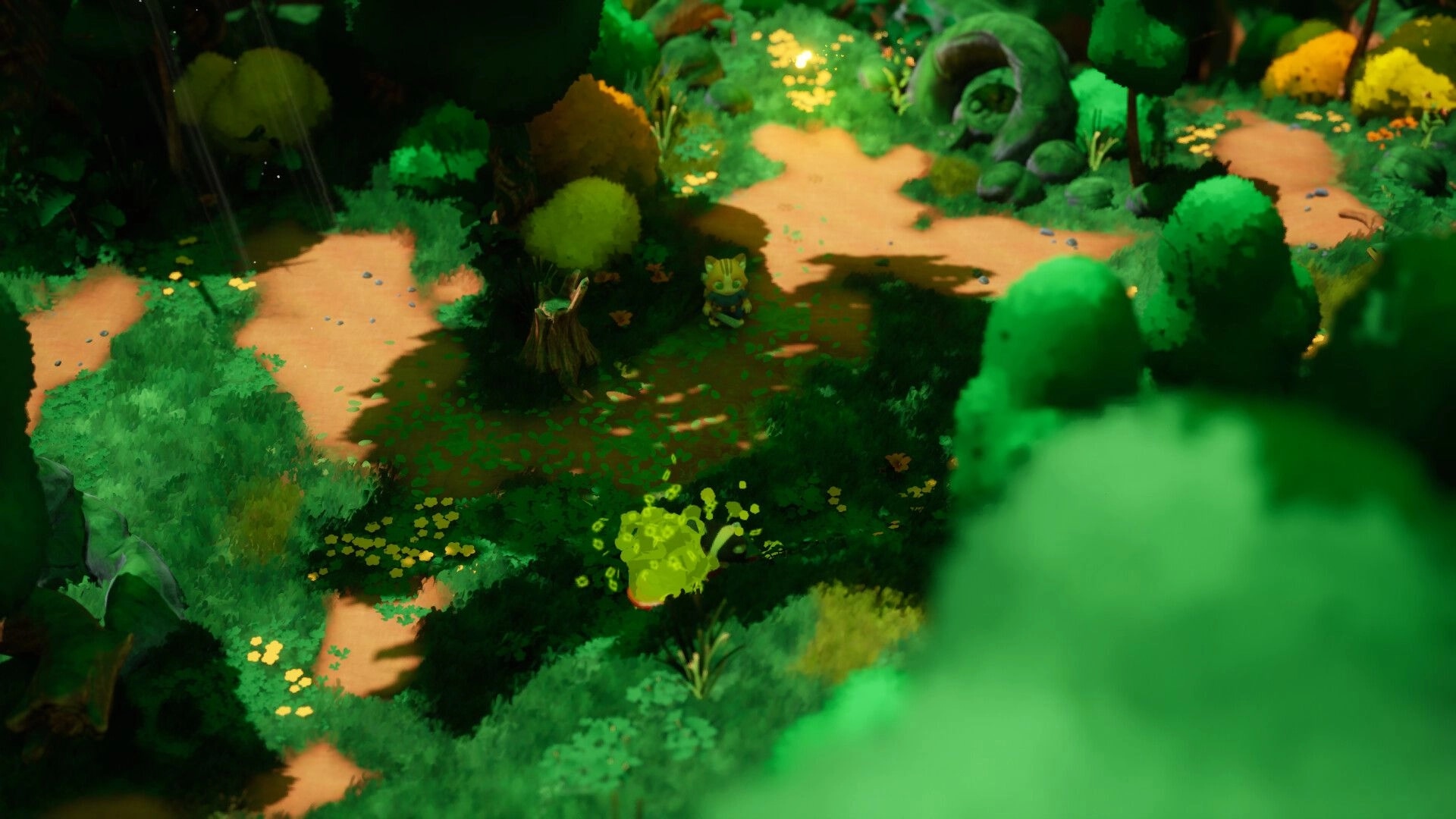 Kali and Ko: Explorer character stands by a stump on a sunlit forest path with dense bushes.