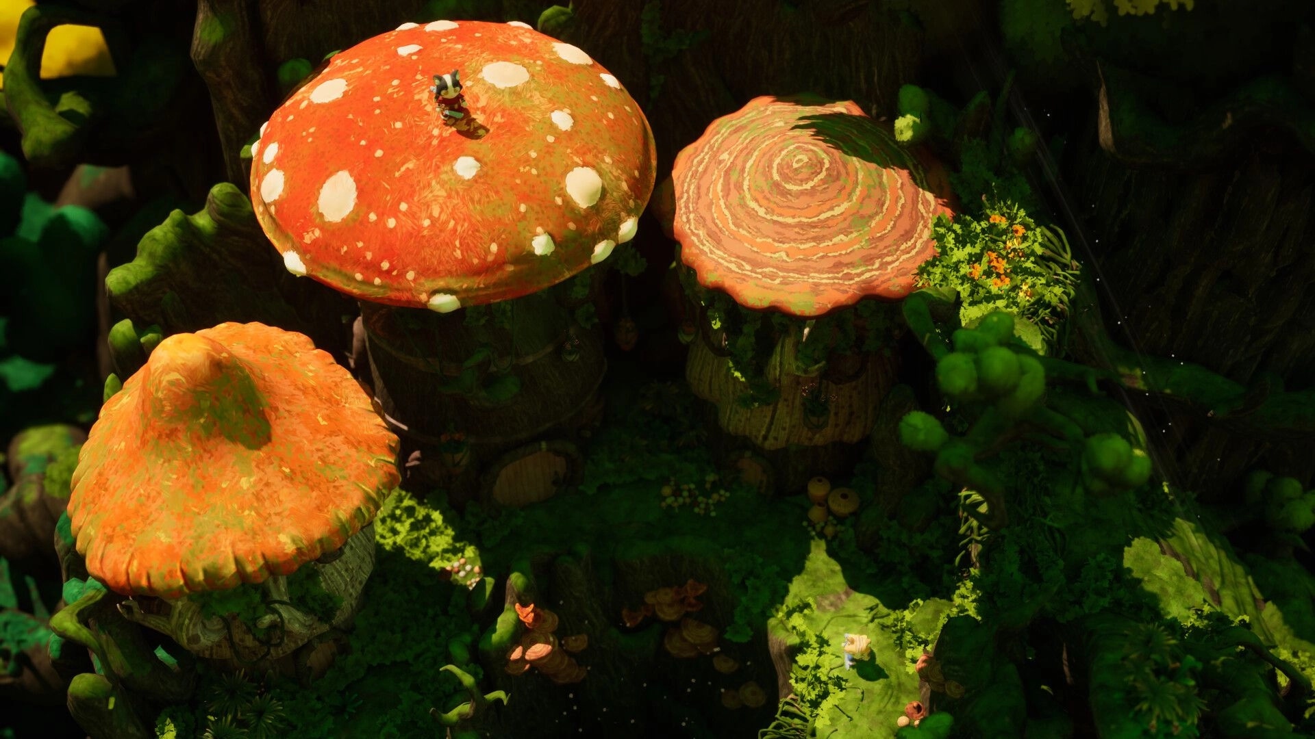 Kali and Ko: Explorer stands atop a giant red mushroom platform in a lush forest canopy area.
