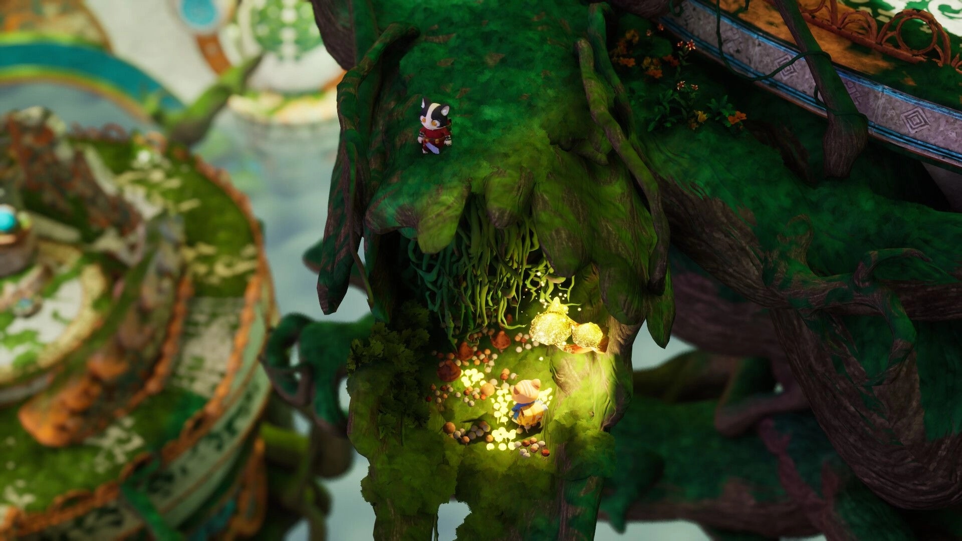 Kali and Ko: Two explorers on a mossy cliff by a glowing cave entrance in a giant tree canopy.