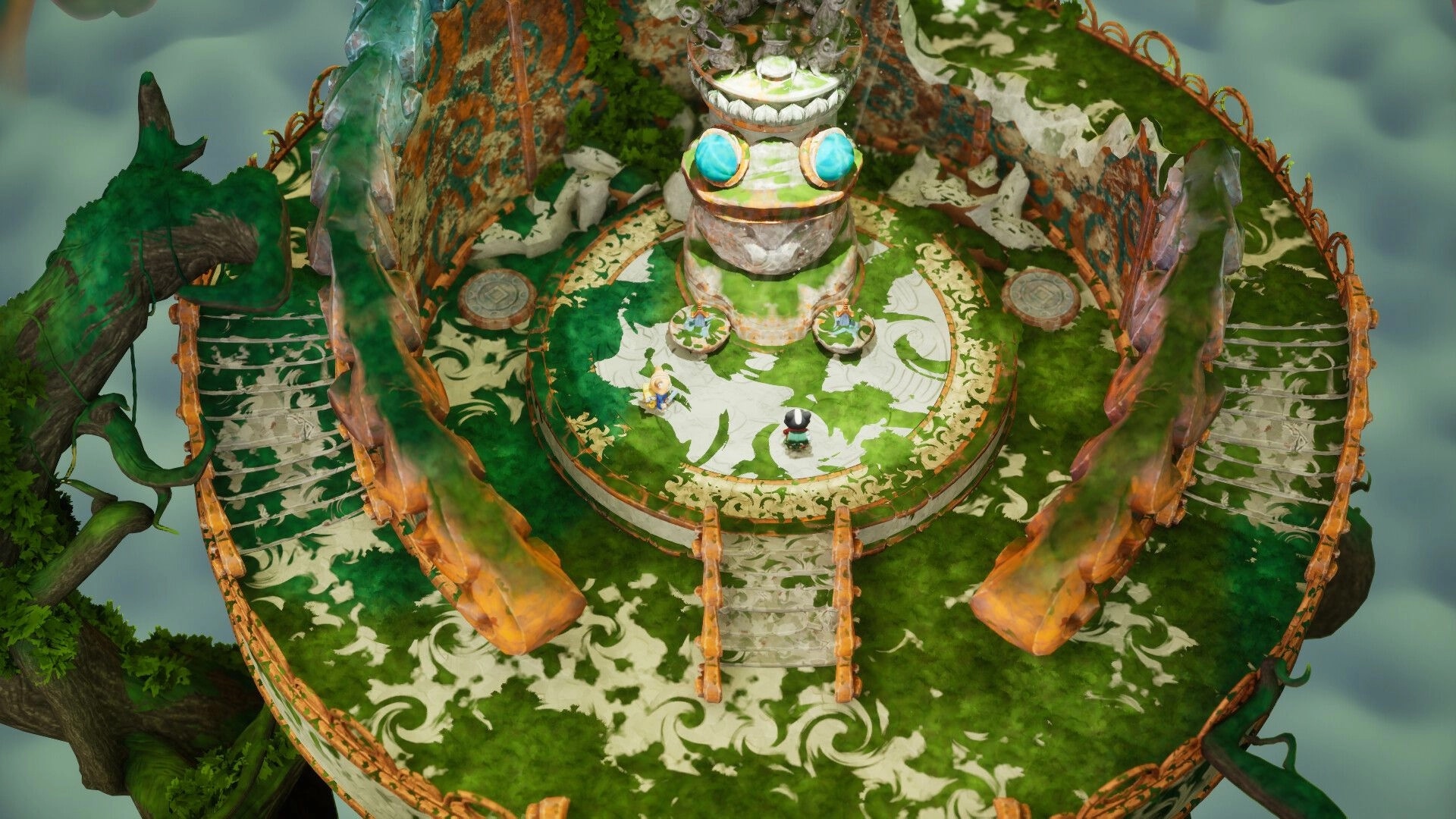 Kali and Ko: Two explorers stand by a glowing crystal machine on a mossy circular platform above clouds.