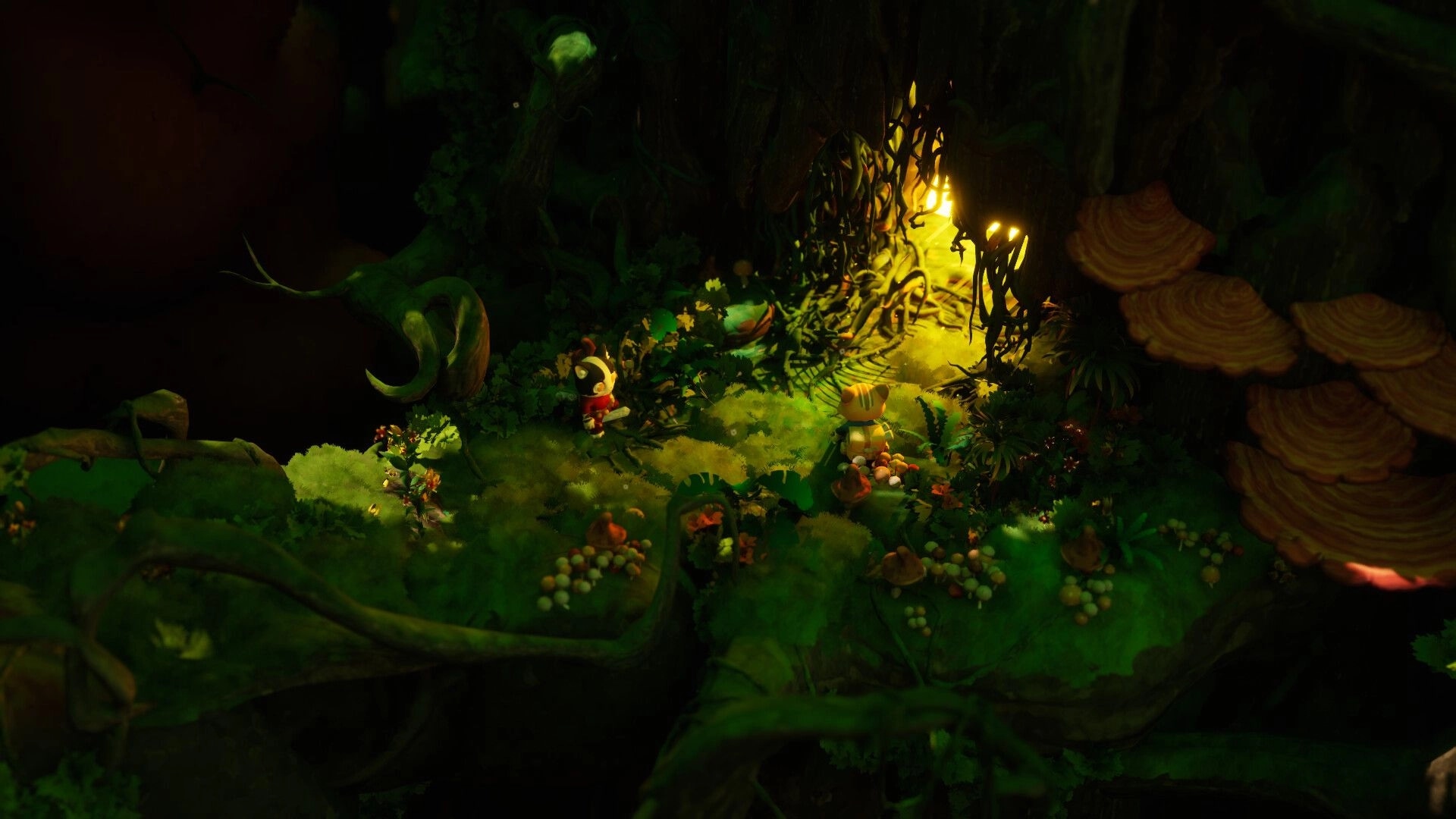 Kali and Ko: Two explorers approach a glowing vine gate in a lush forest cave with mushrooms.