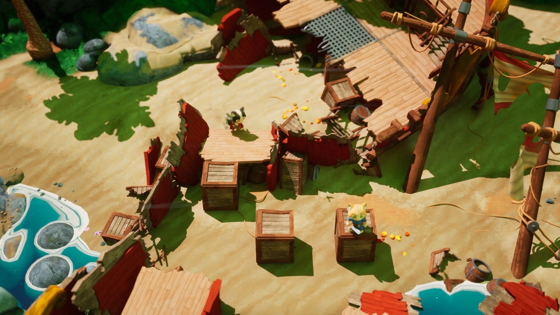 Kali and Ko: Isometric view of two explorers among crates and broken planks in a sandy shipyard area.
