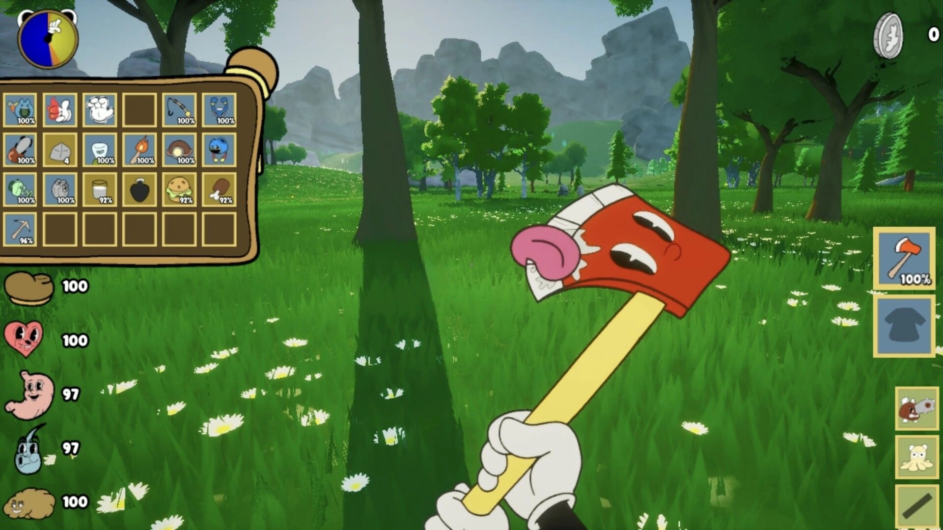 Kalit: Inventory open with a cartoon axe equipped in first-person view in a sunny grassy forest meadow.
