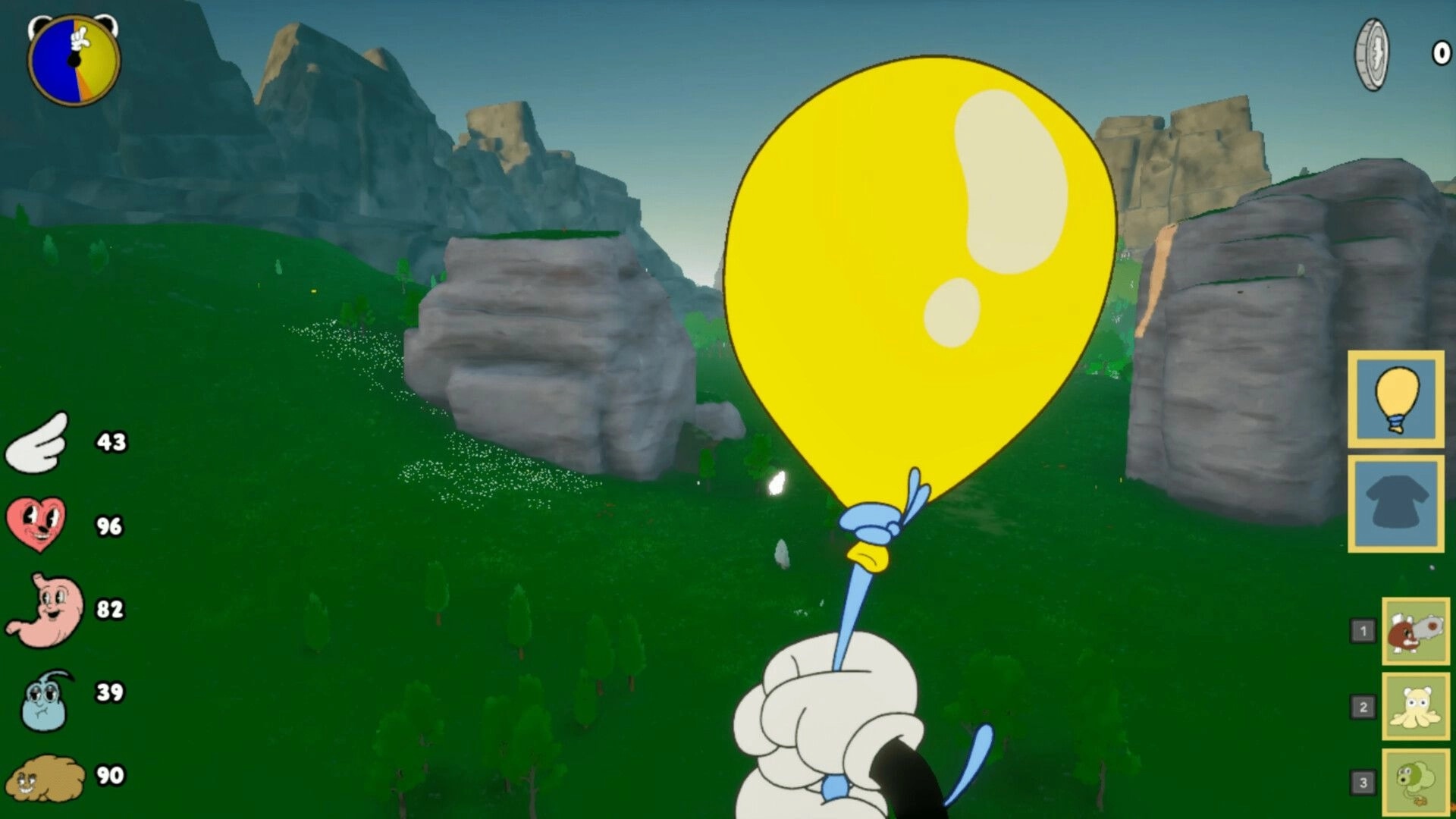 Kalit: Player holds yellow balloon with stat icons and hotbar UI in grassy valley with boulders.