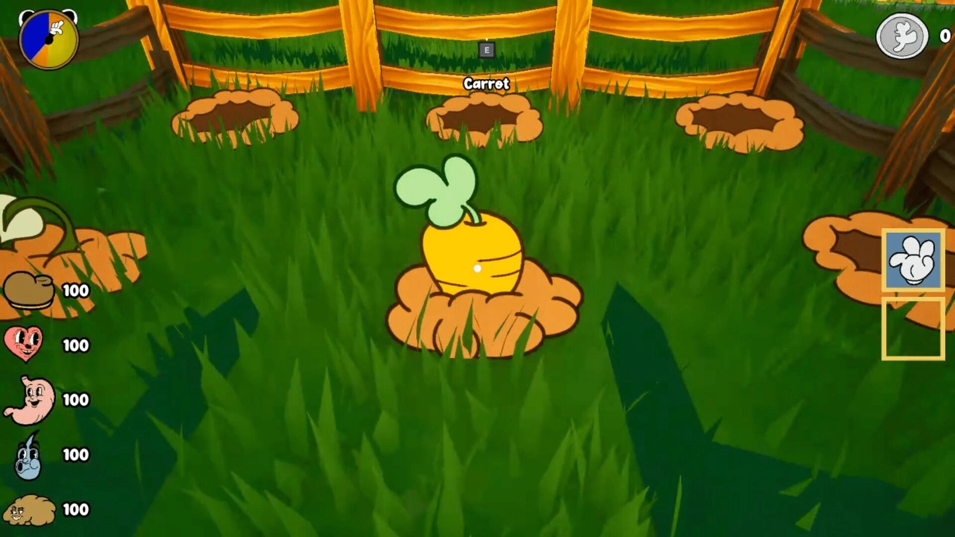 Kalit: Harvesting a carrot from a garden plot with item hotbar and stats UI in grassy fenced farm area.