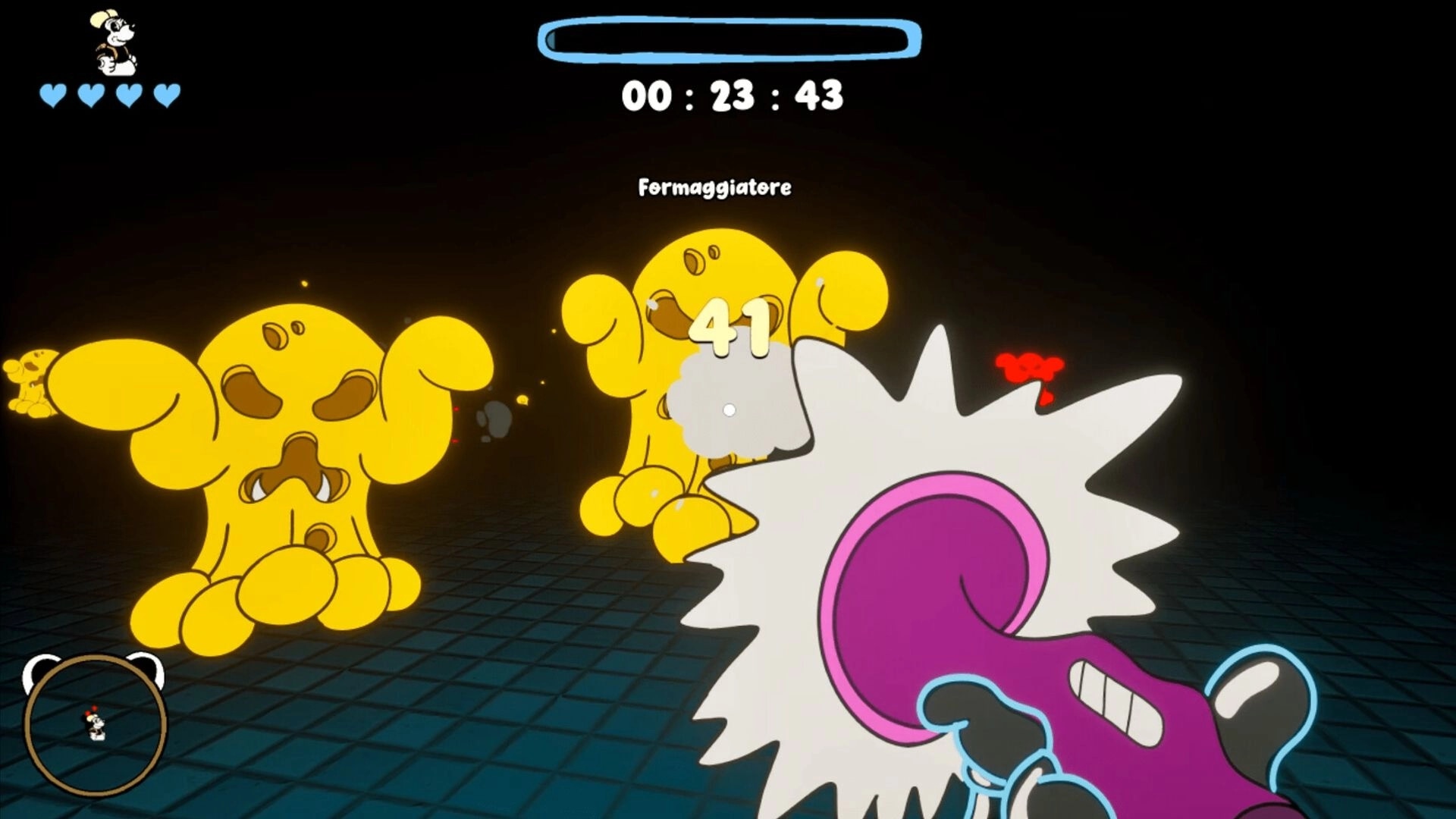 Kalit: First-person melee hit on yellow blob monsters with timer and hearts in dark arena.