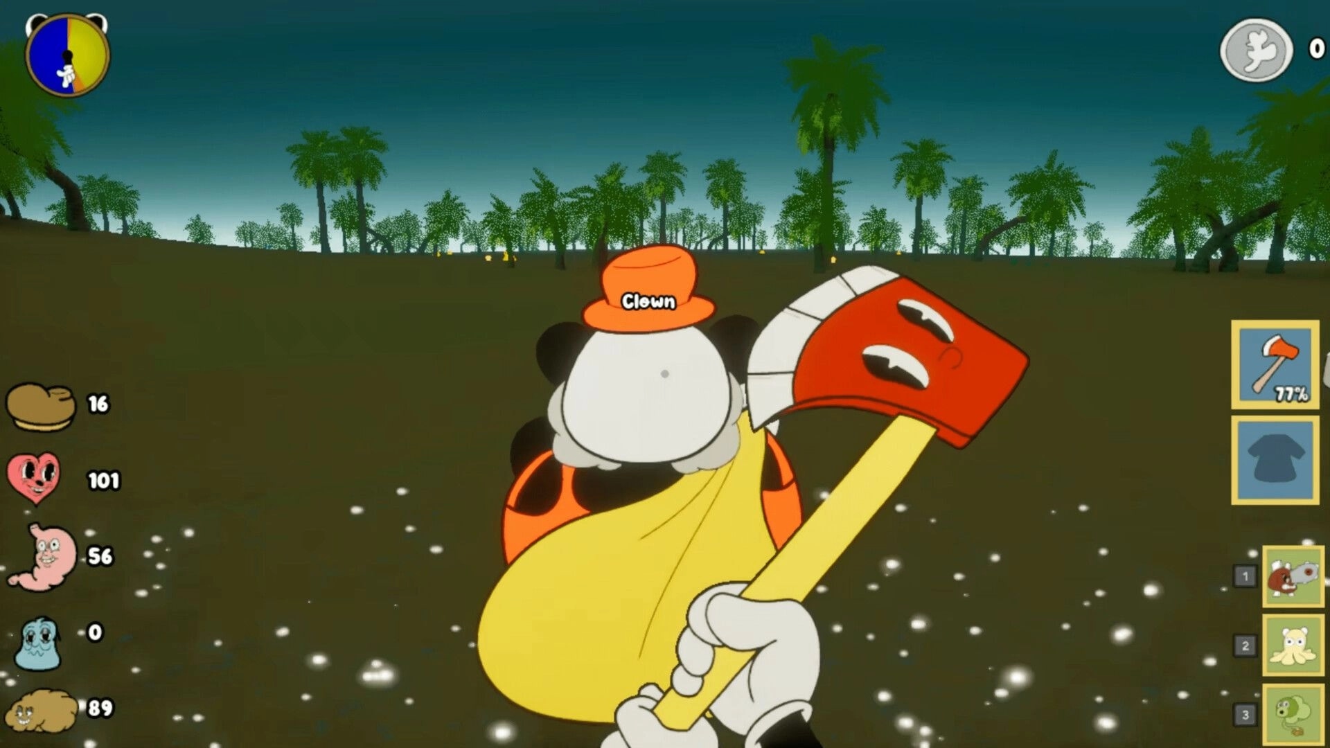 Kalit: Clown character holding a red axe with UI stats visible in a flat grassy field with palms.