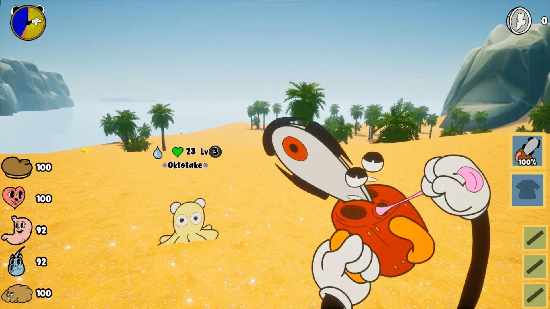 Kalit: Player holds a red creature while Oktetake appears on a sandy desert with palm trees and UI icons.