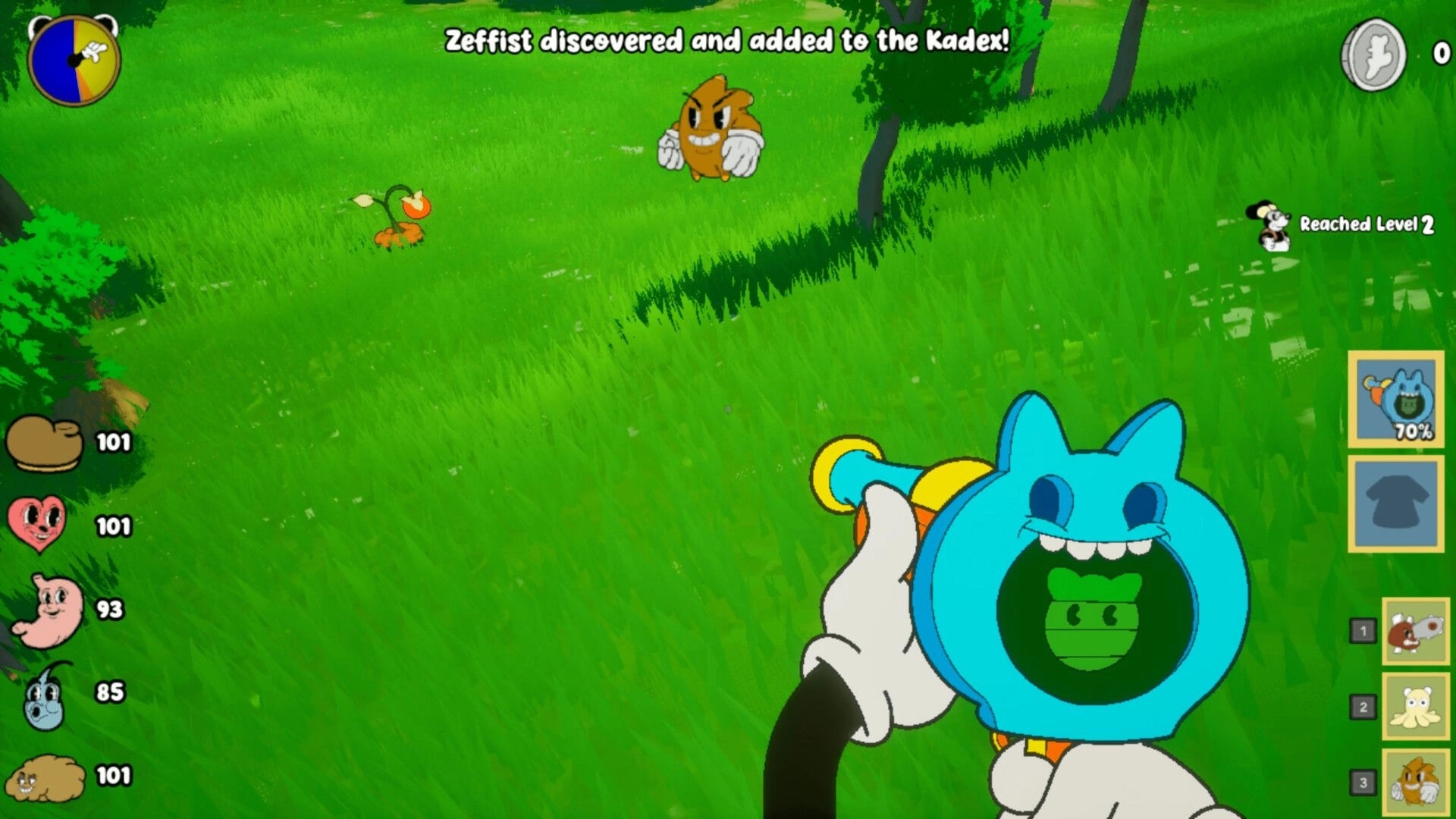 Kalit: Zeffist added to Kadex pop-up as player aims capture gun at creatures in grassy field.