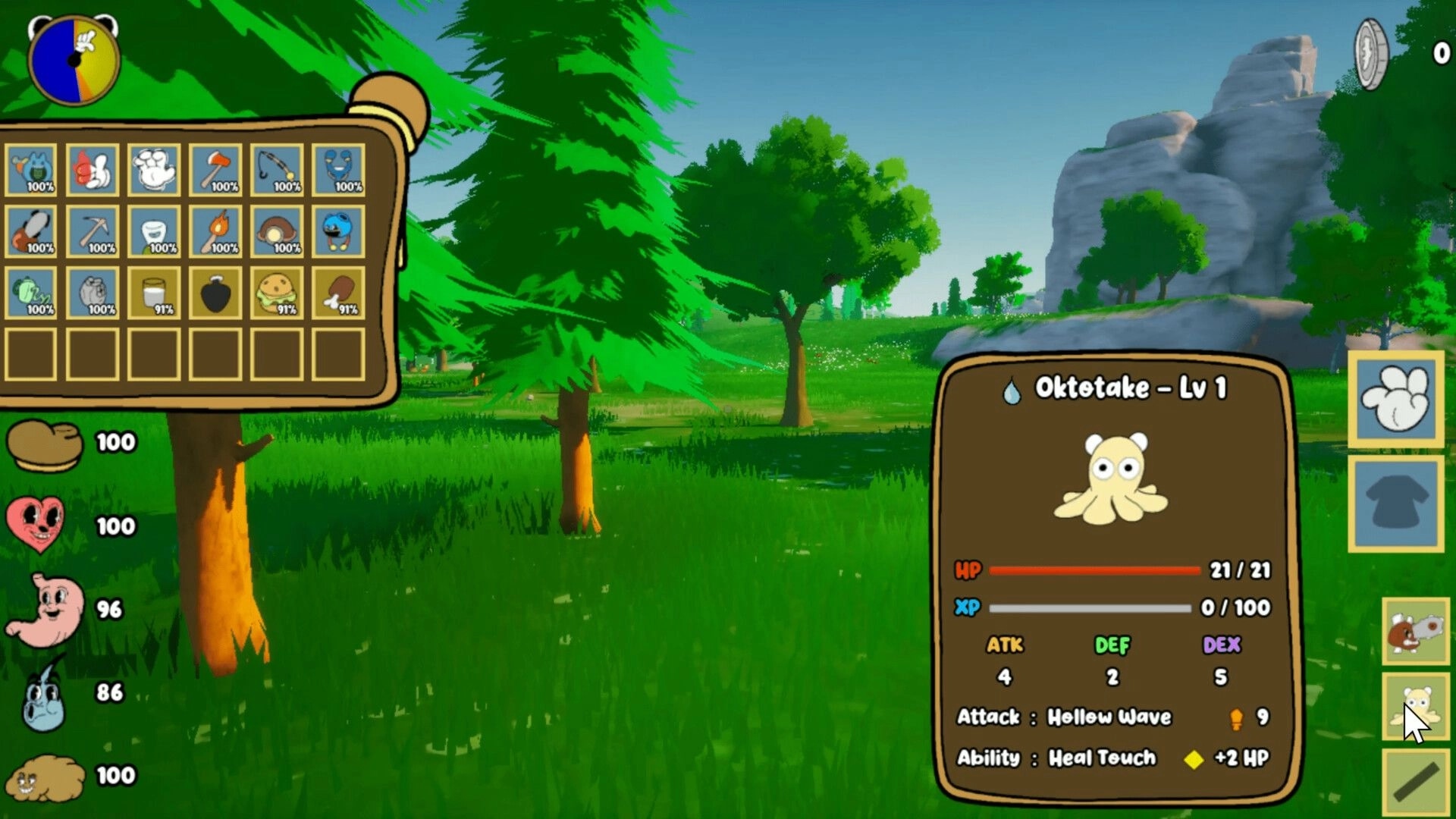 Kalit: Inventory grid and creature stats panel for Oktetake Lv 1 over a grassy forest meadow.