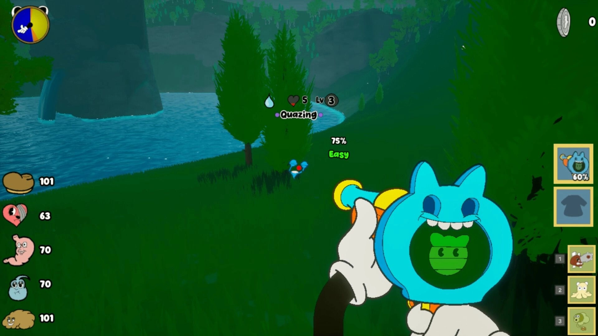 Kalit: Player aims capture device at Quazing, 75% Easy, on grassy lakeside with trees.