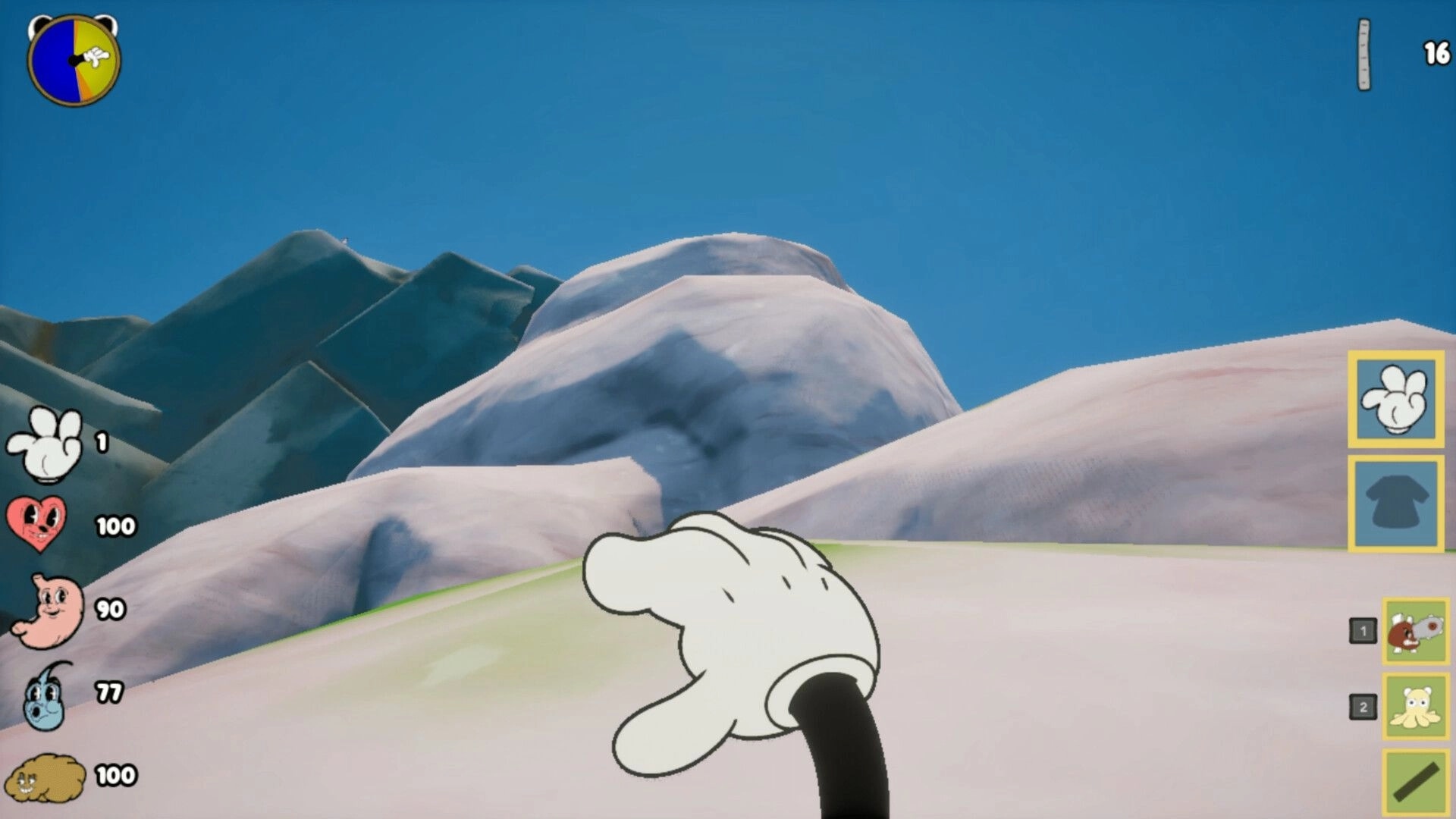 Kalit: First-person view with cartoon glove hand and status HUD in a snowy mountain landscape.