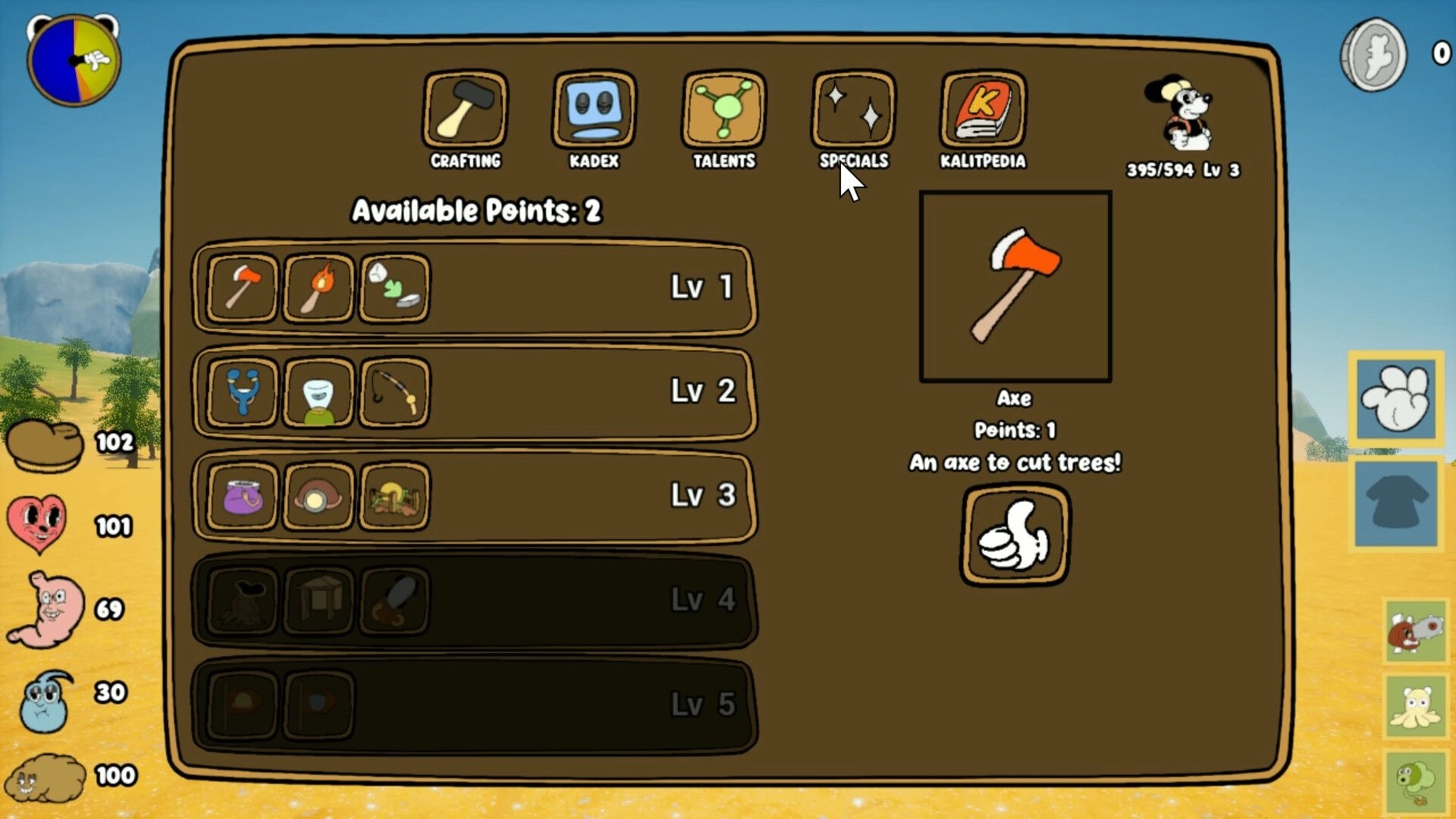 Kalit: Specials talent menu with axe perk selected and available points shown over desert landscape.