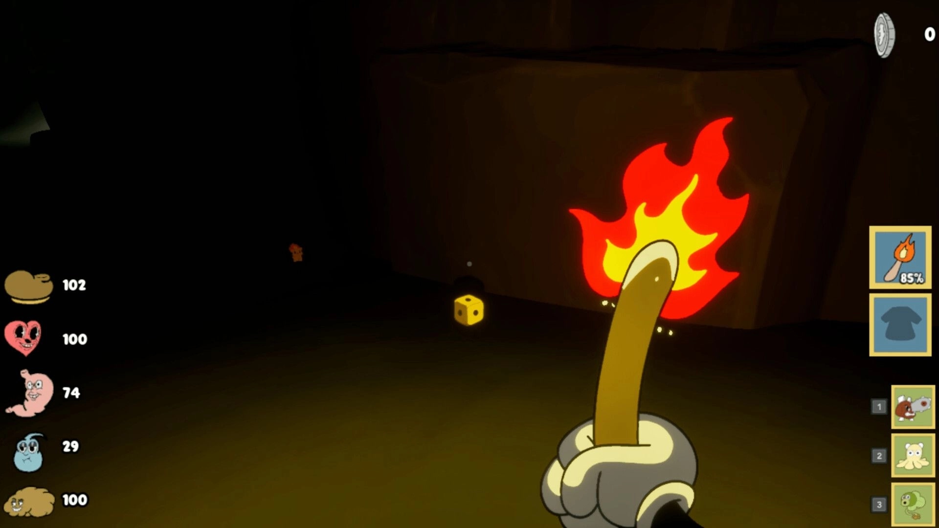 Kalit: Player holds a lit torch in first-person view inside a dark cave with creature UI icons.