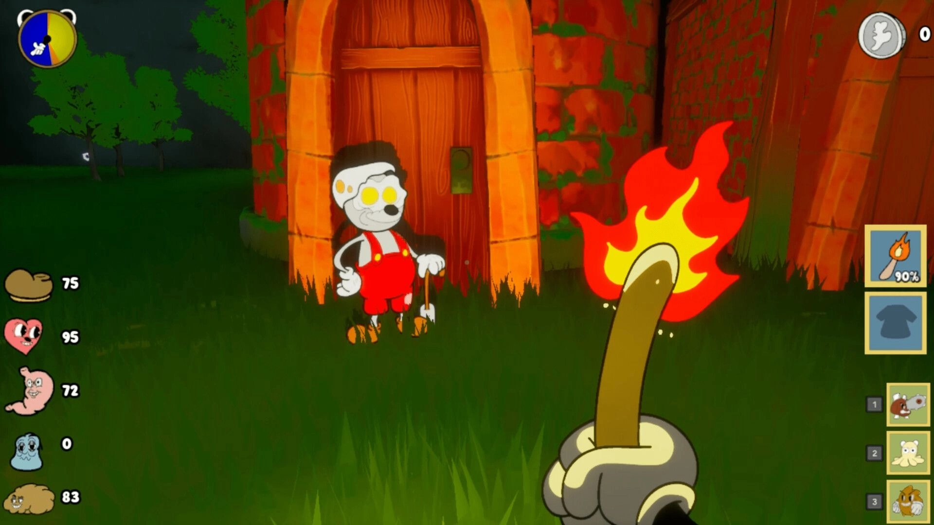 Kalit: Player holds a flaming torch facing a cartoon NPC by a wooden door on a brick tower lawn.
