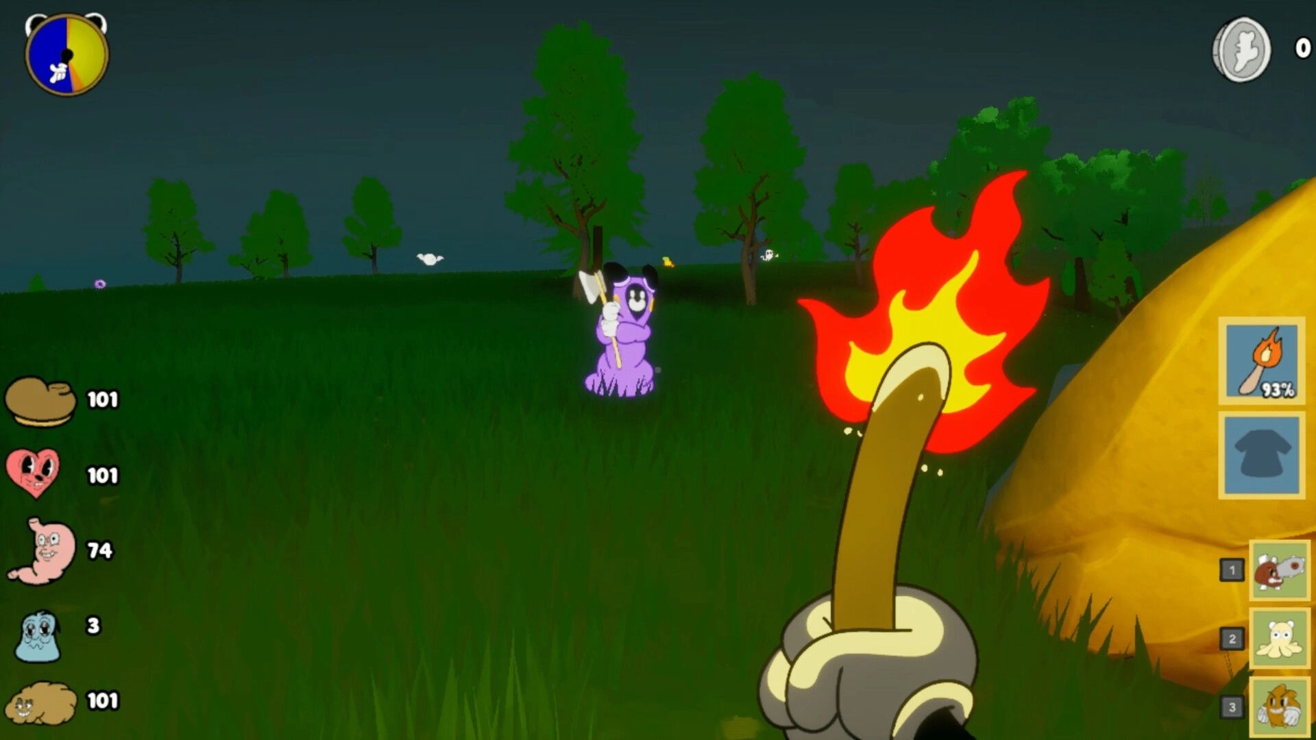 Kalit: Player holds a flaming torch facing a purple creature in a dark grassy field with UI stats.